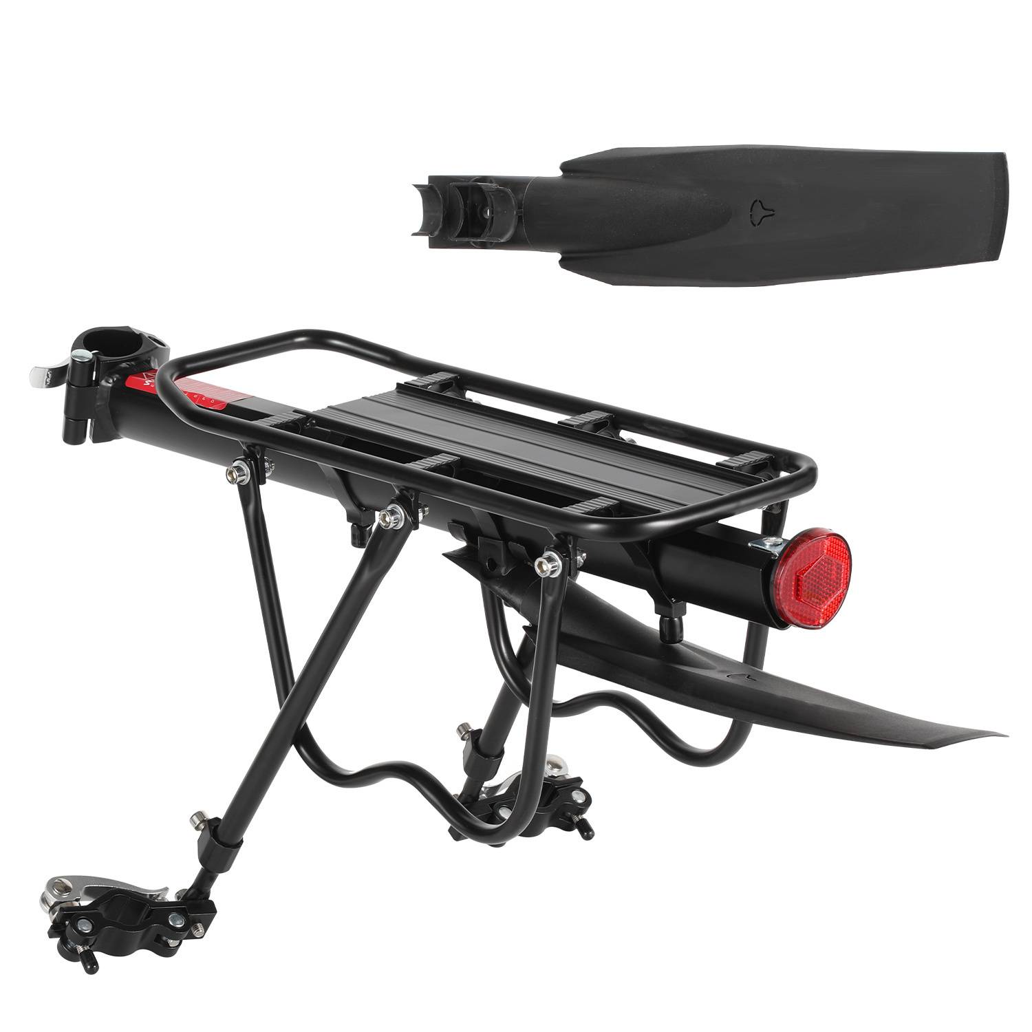 Schwarzes Fahrradheck mit angebrachtem rotem Reflektor und separater schwarzer Schutzblech.