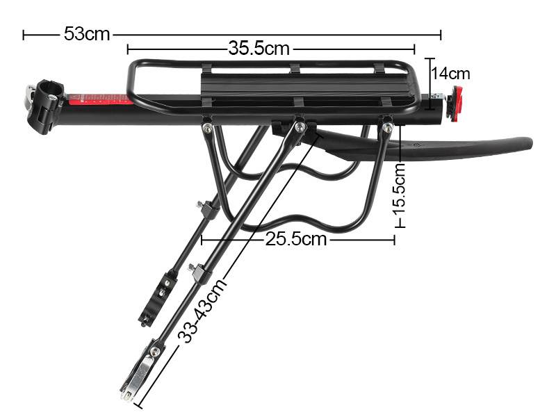 Fahrradgepäckträger mit verstellbaren Beinen' zeigt Abmessungen: Länge 53 cm, Breite 35,5 cm, Höhe 14 cm und Beinlänge 25,5-34,5 cm.