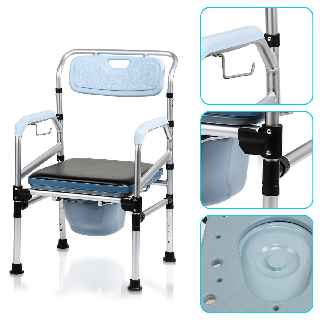 Verstellbarer multifunktionaler Toilettenstuhl mit Armlehnen und gepolstertem Sitz. Zu den Funktionen gehören eine abnehmbare Wanne und Höhenverstellungen.