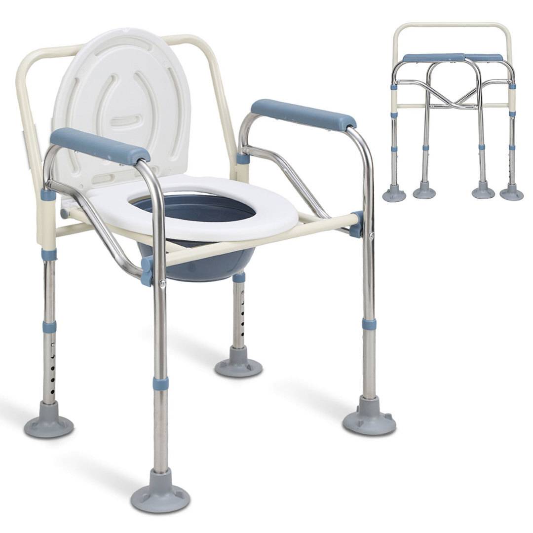 Verstellbarer Nachtstuhl mit gepolstertem Sitz, Armlehnen und rutschfesten Füßen, entworfen für Mobilitätshilfe und leichten Zugang.