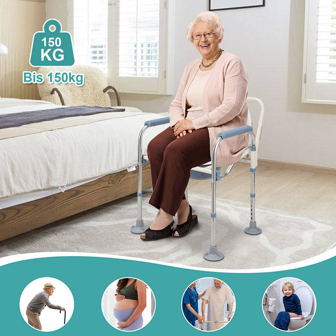 Eine ältere Frau sitzt bequem auf einer Bettgriffstange in einem Schlafzimmer und zeigt deren Stabilität. Die Stange trägt bis zu 150 kg.