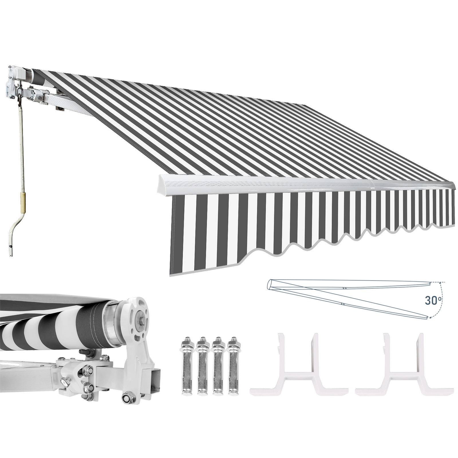 Eine gestreifte ausfahrbare Markise mit Installationskomponenten, die ein Schemadiagramm im 30-Grad-Winkel und ein Detail des aufgerollten Stoffes zeigt.