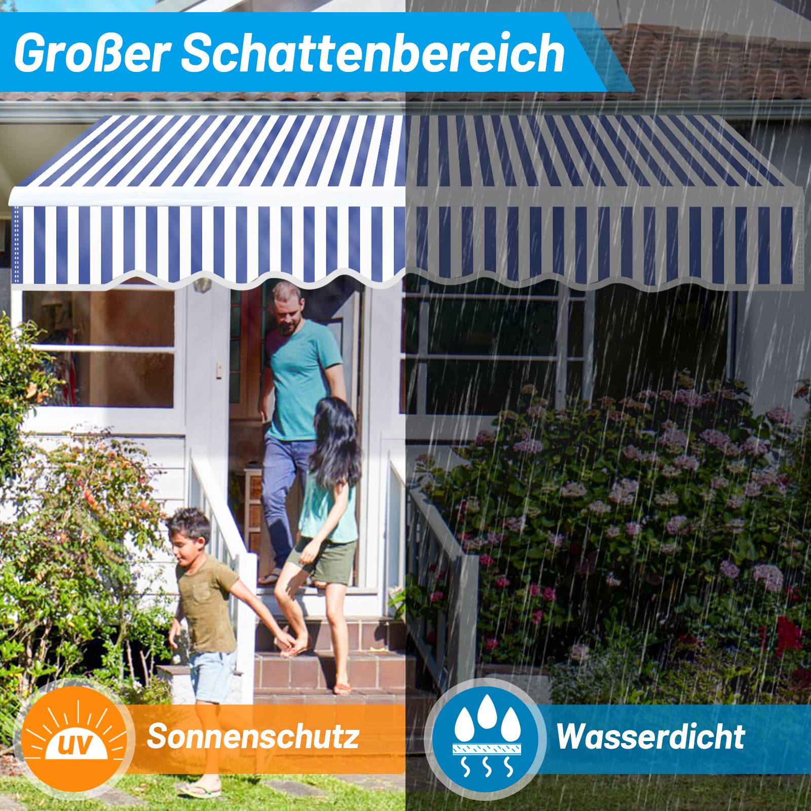 Eine Familie genießt einen Außenbereich unter einer Markise; die linke Seite in der Sonne bietet UV-Schutz; die rechte Seite im Regen zeigt wasserdichte Eigenschaften.