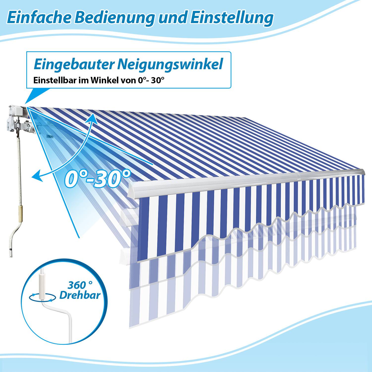 Einziehbares blau-weiß gestreiftes Markisendach mit verstellbarer Neigung von 0°-30°. Verfügt über einen um 360° drehbaren Griff für einfache Bedienung.