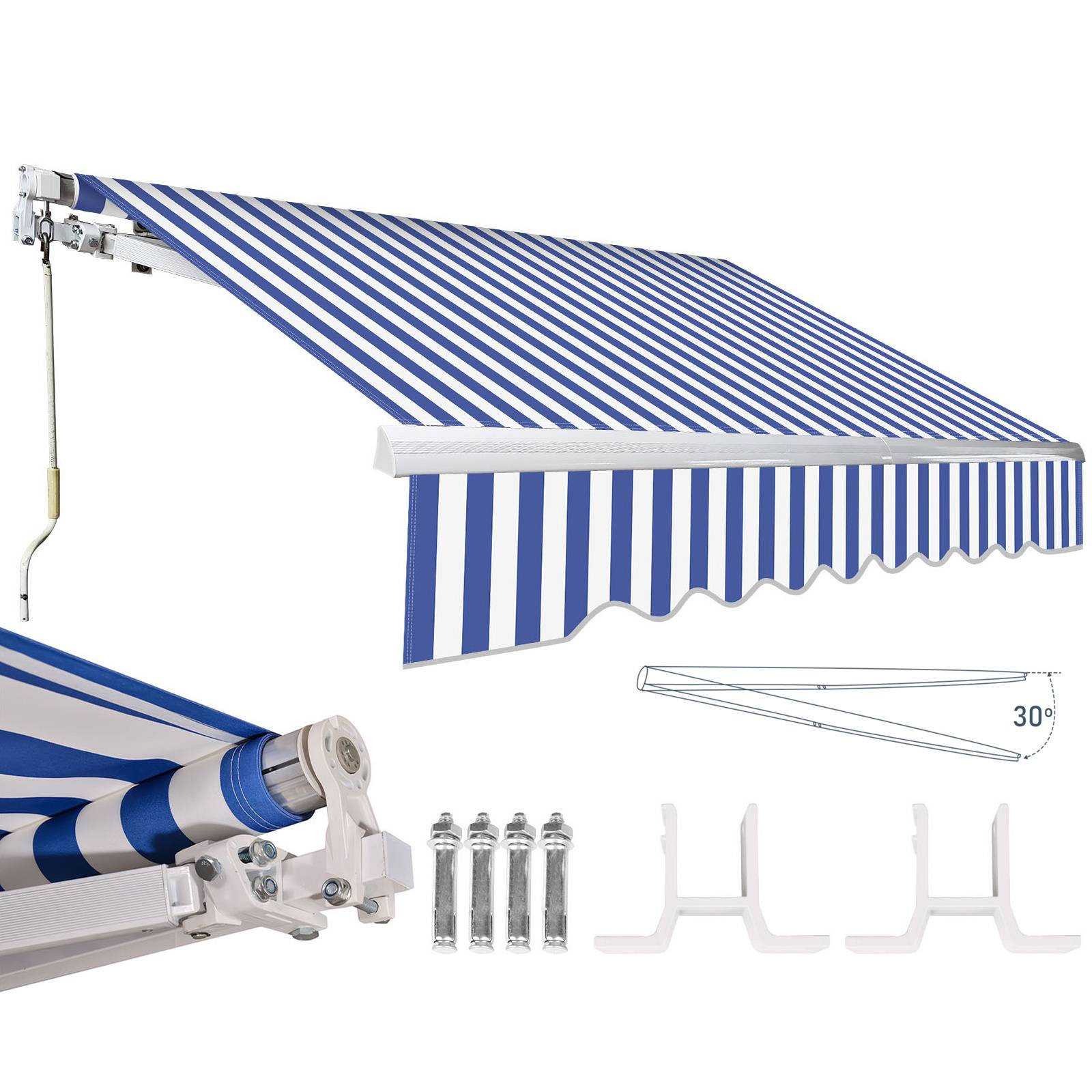 Einziehbare blau-weiß gestreifte Markise mit manuellem Kurbelbetrieb, Montageklammern und Befestigungsmaterial; dargestellt mit einem verstellbaren Winkel von 30°.