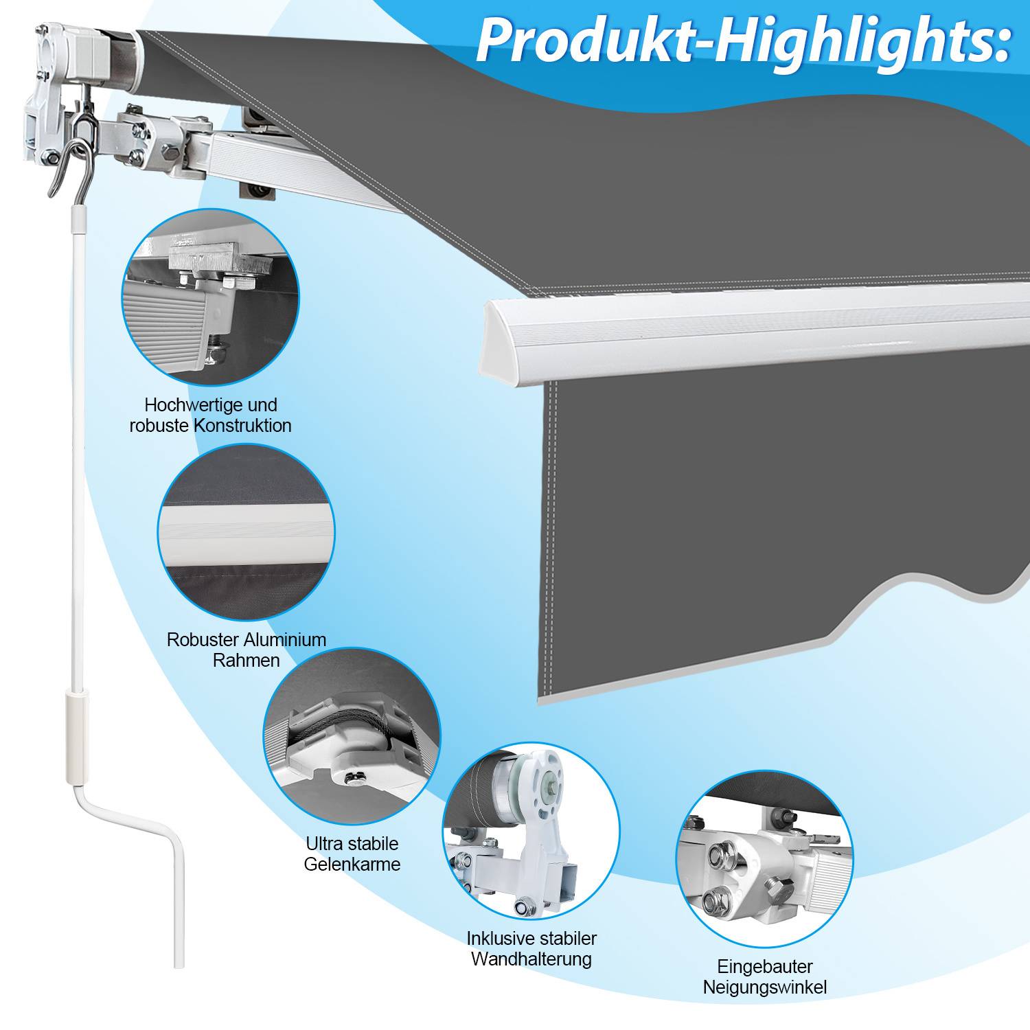 Ein schwarzes ausfahrbares Markise mit Aluminium-Rahmen; die Ausstattung umfasst hochwertige Verarbeitung, langlebige Materialien und sichere Wandmontage.