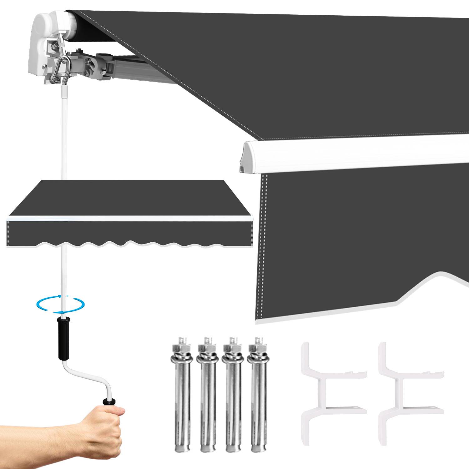 Ein manuell zu betätigendes einziehbares Markisensystem wird angezeigt, das eine Handkurbel, Stützstangen und Befestigungsklammern zur Wandmontage zeigt.