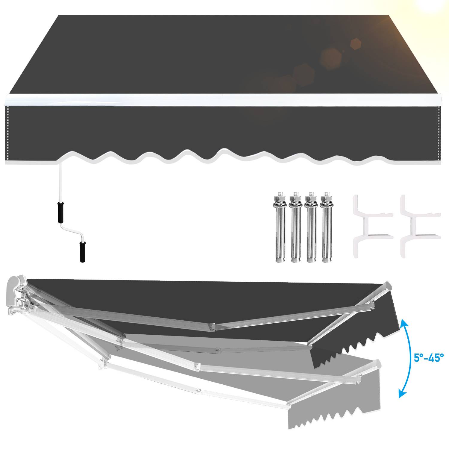 Ausfahrbares Markisensystem mit Komponenten: graues Tuch, Kurbel, Wandhalterungen, Schrauben. Markisenwinkel einstellbar von 5° bis 45°.
