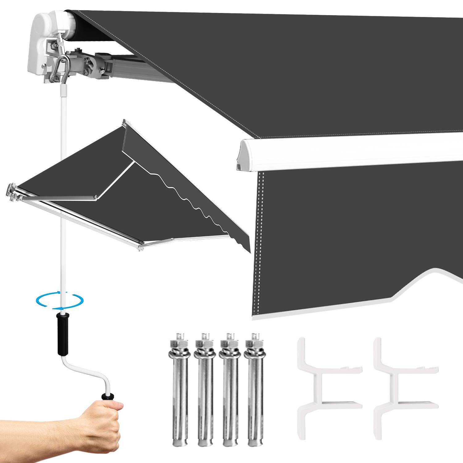 Eine manuell einziehbare Markise mit schwarzem Stoff, shown disassembled with its components: mounting brackets, poles, and crank handle.