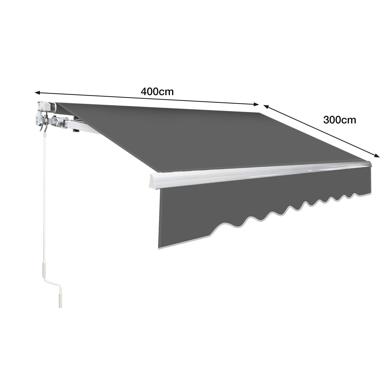 Einziehbare Markise in Grau, mit einer Breite von 400cm und einer Tiefe von 300cm, mit manueller Kurbel zum Ausfahren für Außenschatten.