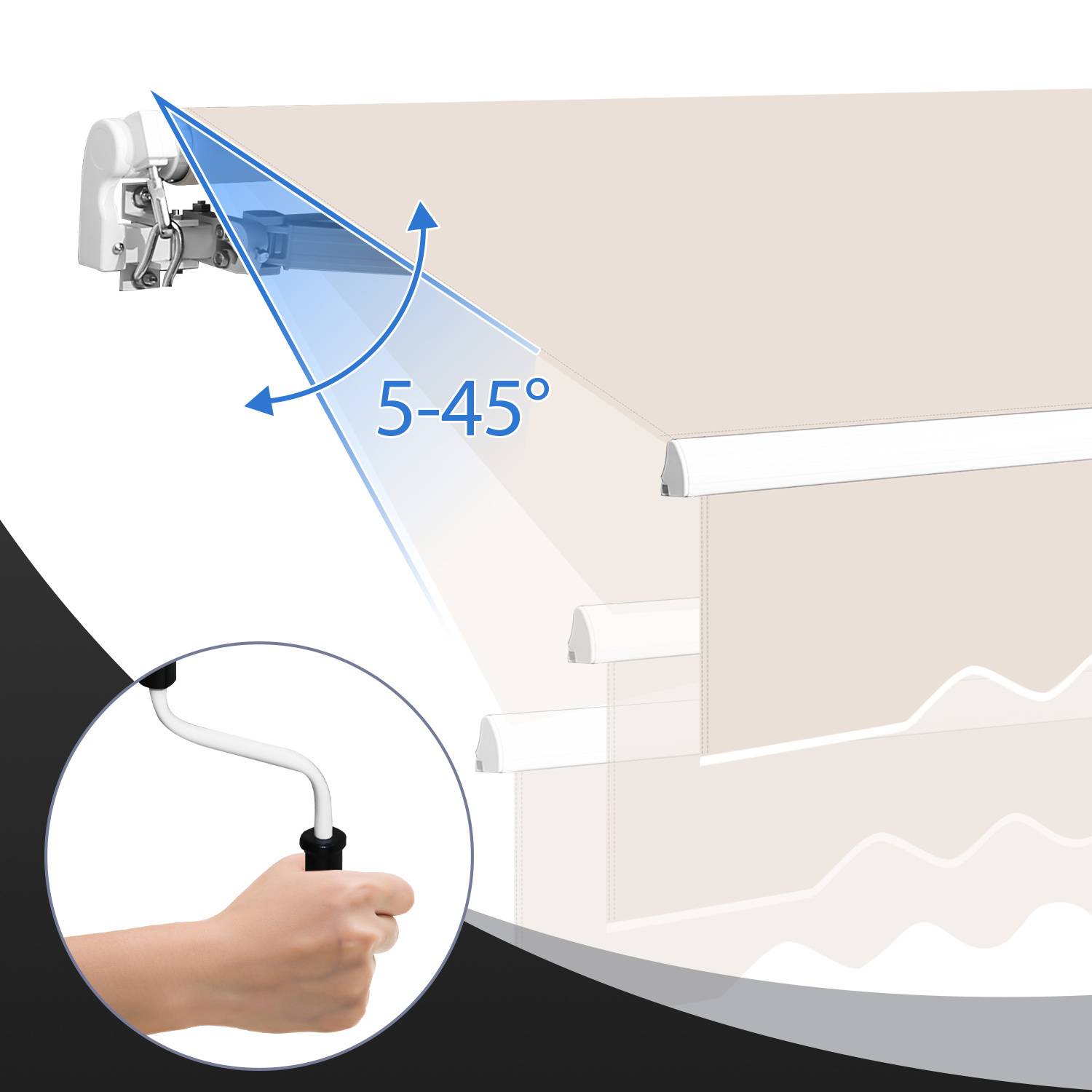 Abbildung einer Hand, die einen Rollojalousie-Mechanismus bedient, mit einer Winkeleinstellung von 5 bis 45 Grad für optimale Positionierung.