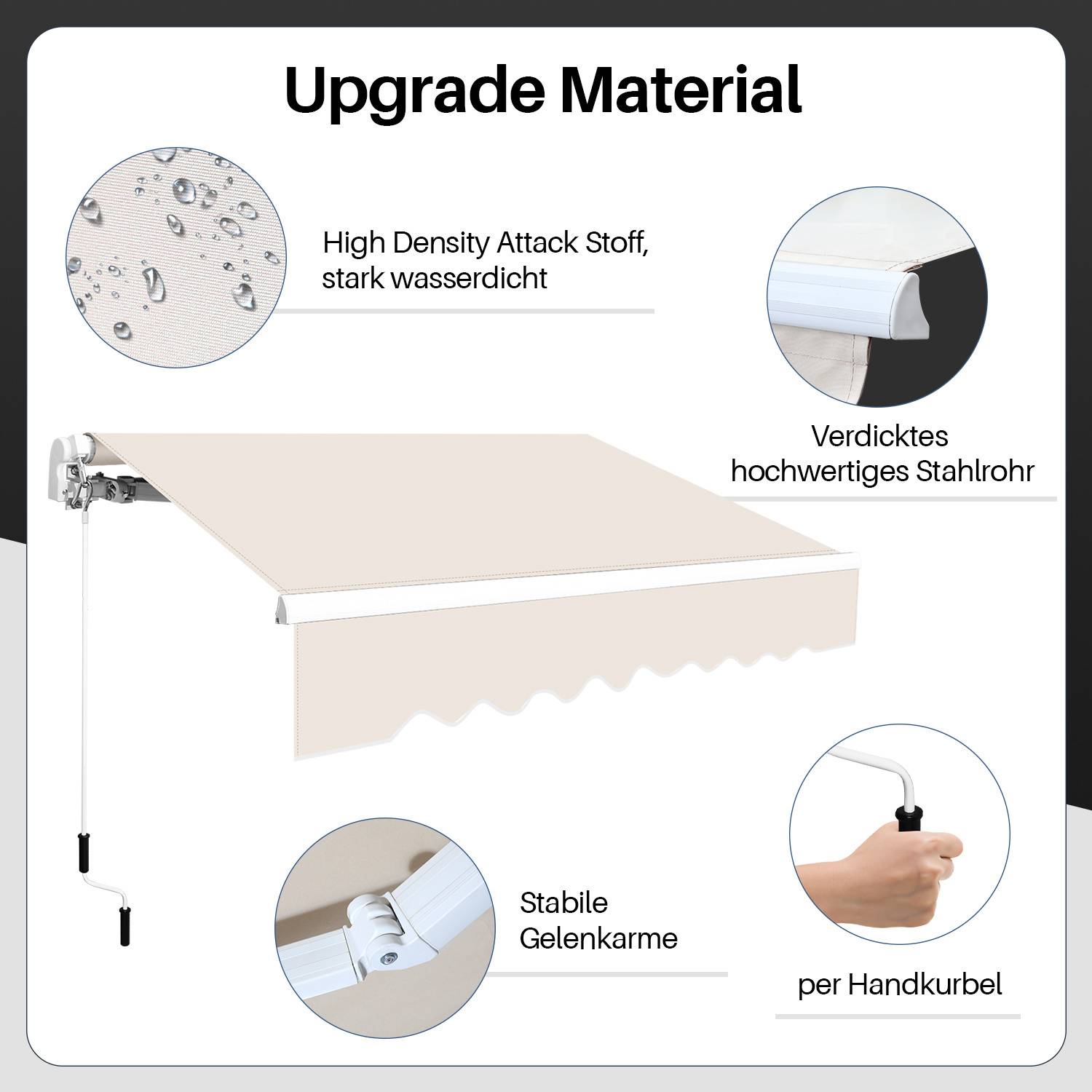 Markisenmerkmale: hochdichter wasserfestes Gewebe, dickes Stahlrohr, stabiles Gestell, Handkurbelverstellung.