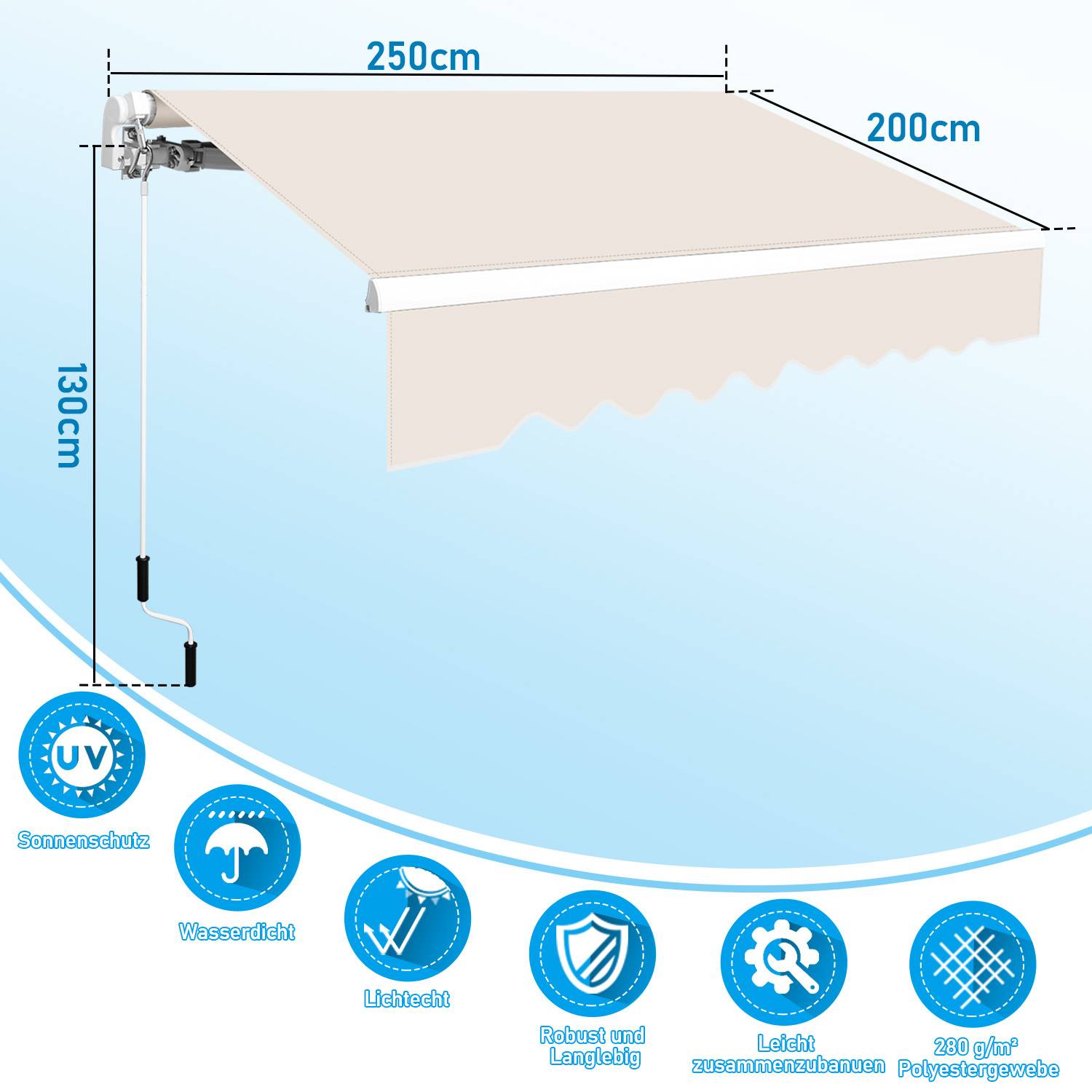 Abmessungen der Markise: 250 cm Breite, 200 cm Ausfall, 130 cm Höhe. Zu den Merkmalen gehören UV-Schutz, Wasserfestigkeit und leichtes Design. Geeignet für Außenbereiche.