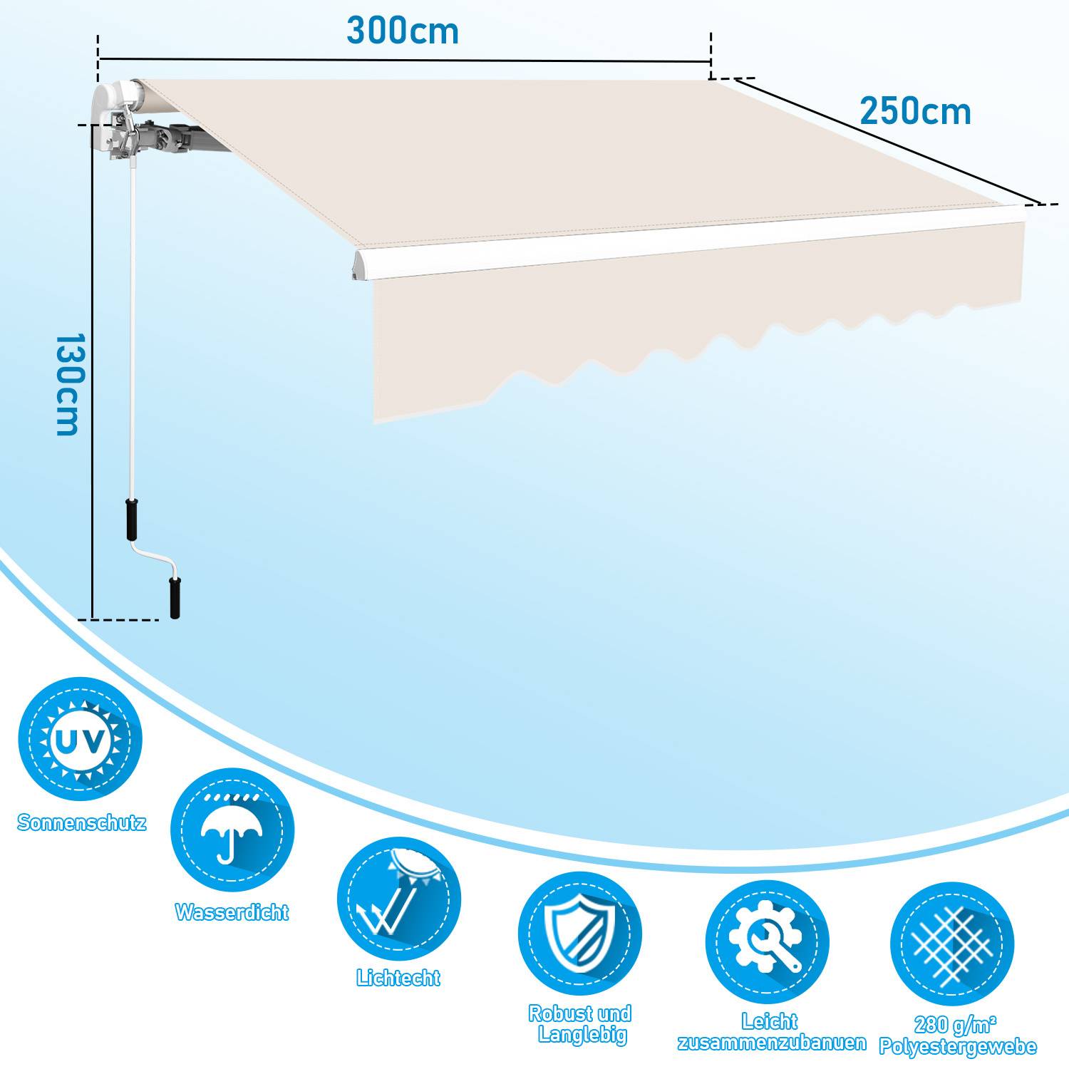 Einziehbare Markise, 300x250 cm, Montagehöhe 130 cm. Funktionen: UV-Schutz, Wasserbeständigkeit, leicht, langlebig, Polyesterstoff.