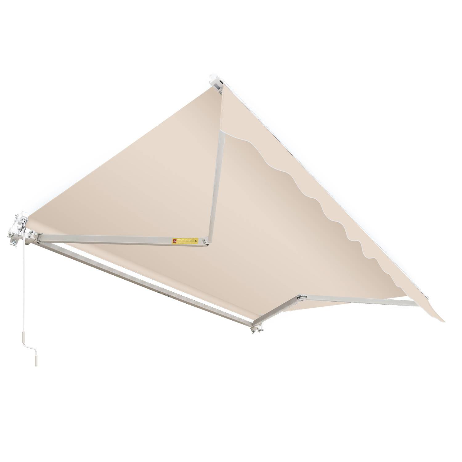 Beige Markise mit Wellenkante, ausfahrbar mit Metallgestänge und weißem Zugband. Konzipiert als Sonnenschutz für Terrassen oder Fenster.