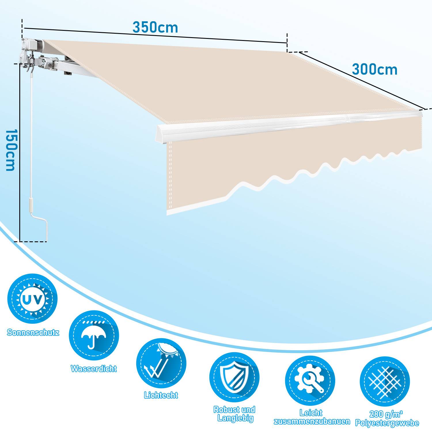 Abmessungen der Markise: 350 cm Breite, 300 cm Tiefe, 150 cm Höhe. Zu den Eigenschaften gehören Sonnenschutz, Wasserfestigkeit und Wetterschutz.