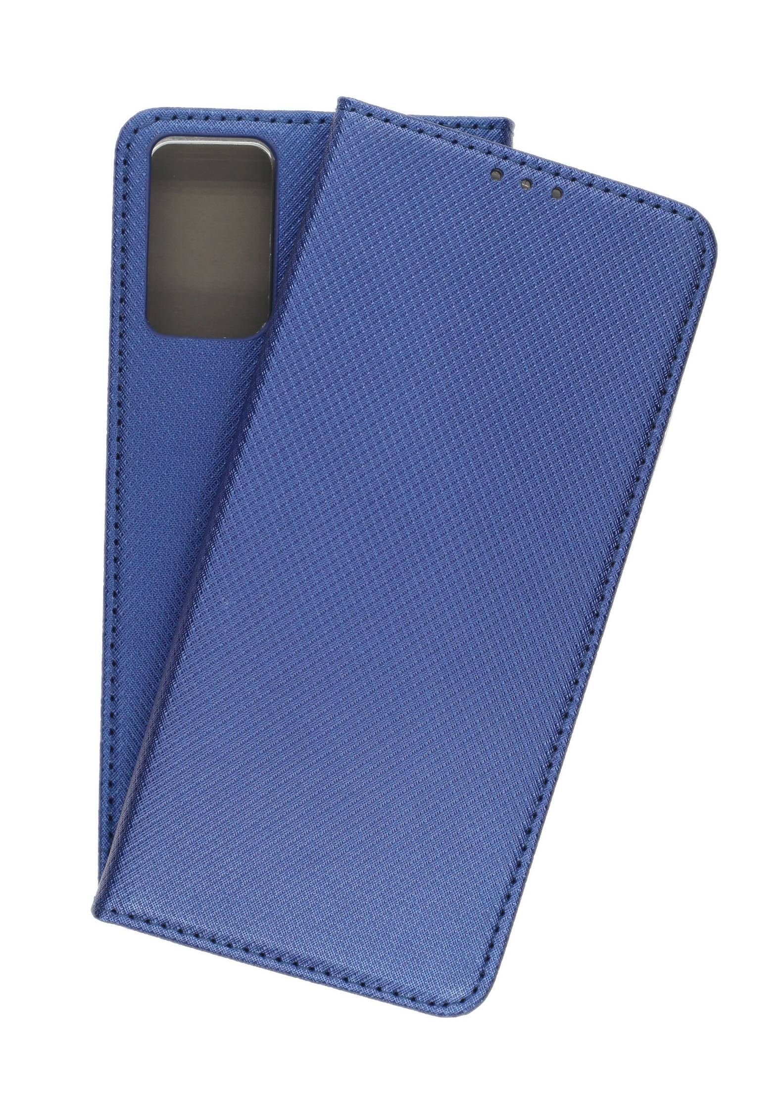 Blauer strukturierter Smartphone-Schutzfall mit aufklappbarem Überzug und transparentem Fenster für Bildschirmsichtbarkeit.