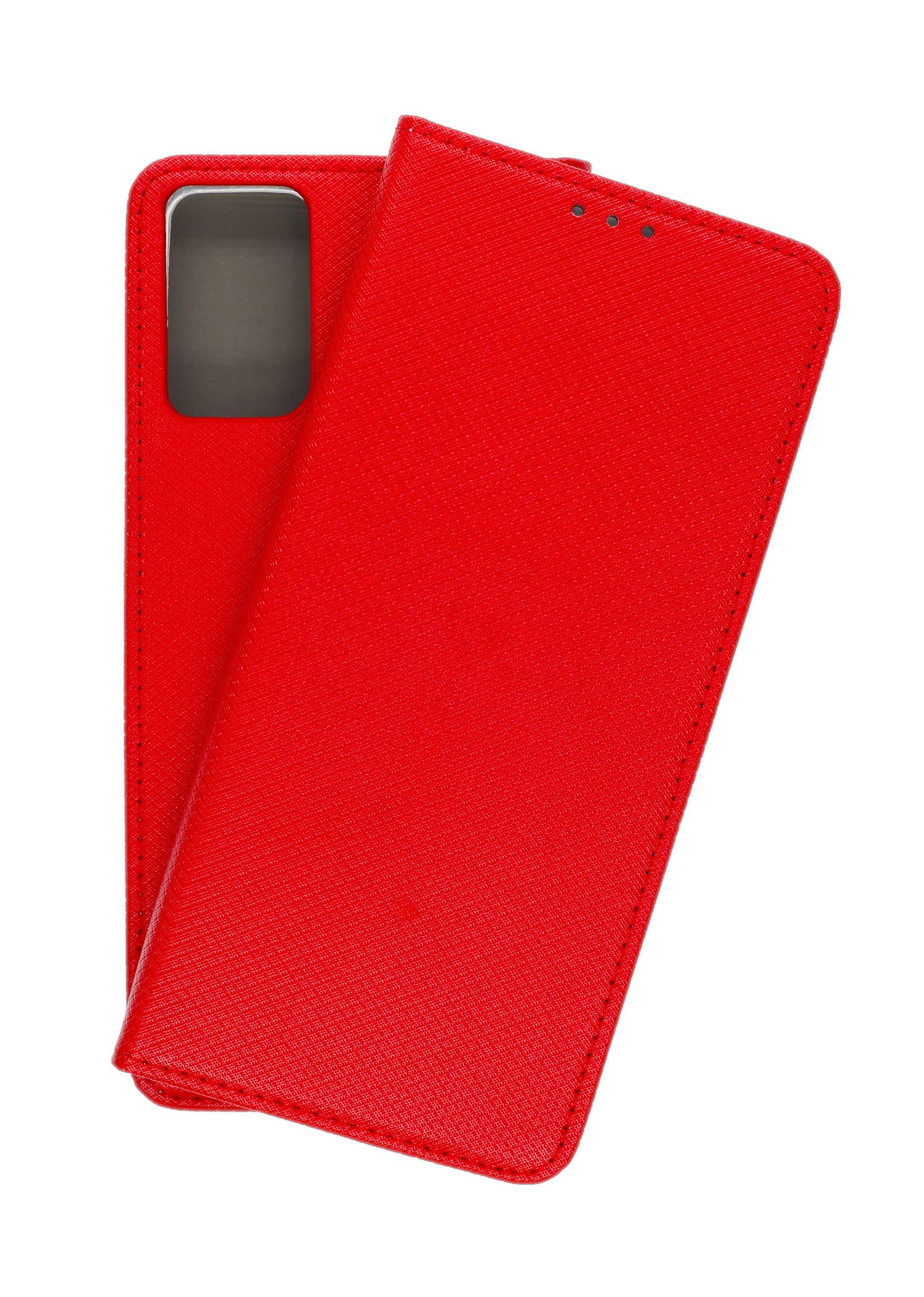 Rote Handyhülle mit strukturierter Oberfläche, geöffnet um ein Smartphone mit schwarzem Bildschirm zu zeigen. Die Hülle bedeckt die Rückseite und die Seiten des Telefons.