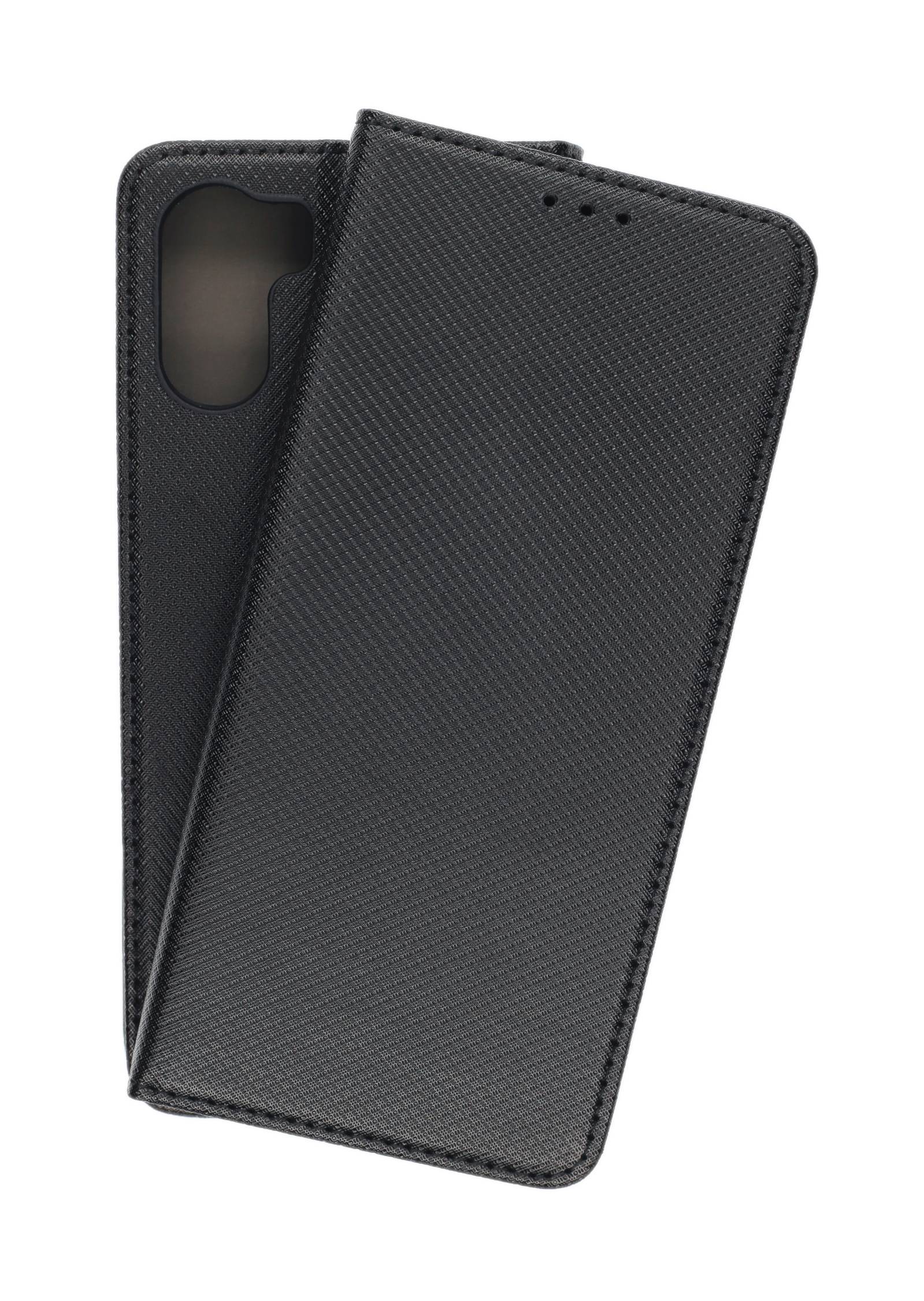 Ein schwarzes, strukturiertes Handyschutzhülle mit aufklappbarem Deckel, das Schutz und Stil für ein Smartphone bietet.