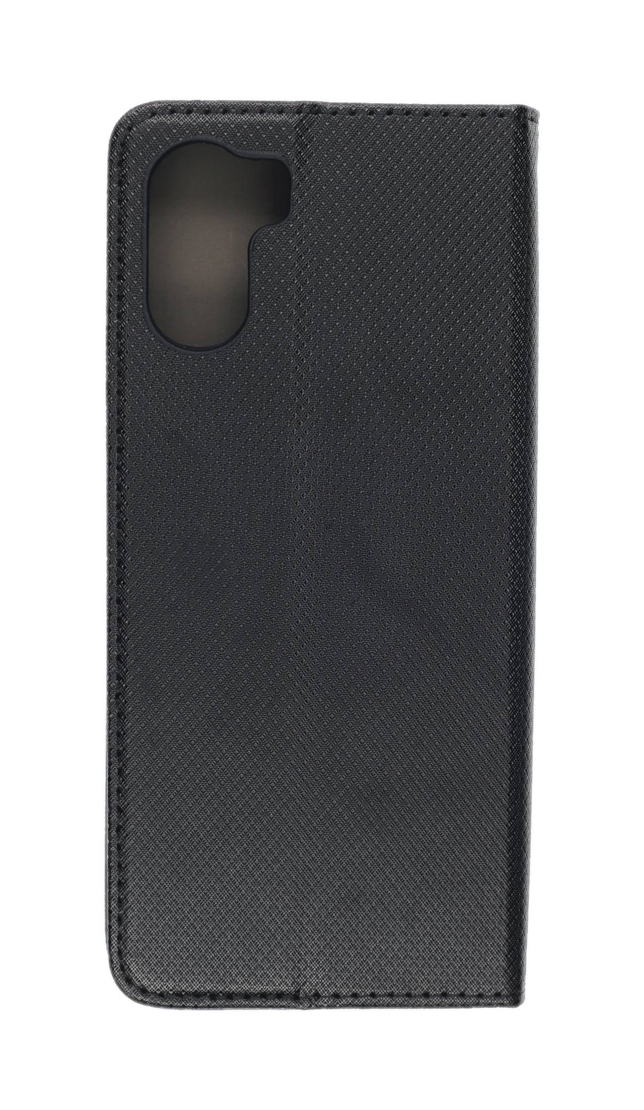 Ein schwarzes strukturiertes Smartphone-Hülle wird gezeigt. Sie verfügt über eine Aussparung für die Kamera in der oberen linken Ecke und ein leicht gepunktetes Muster.