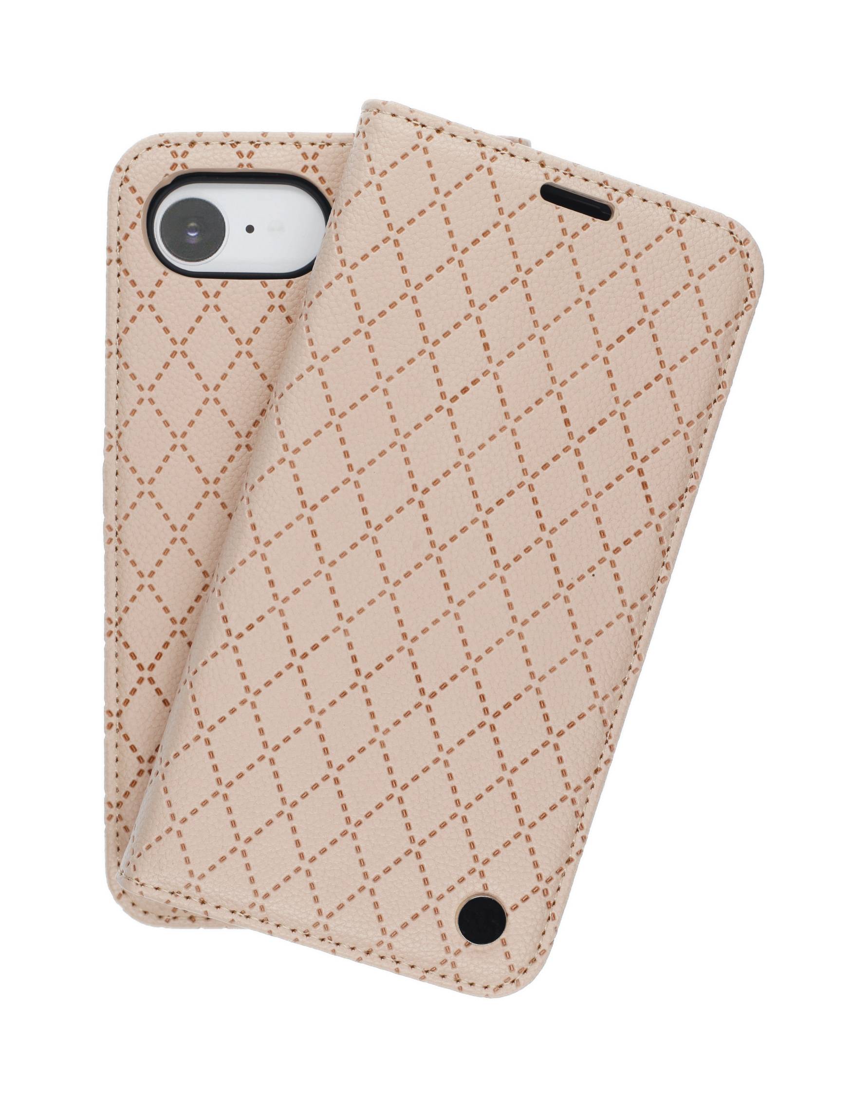 Schwarze, ledertexturierte Handyhülle mit Diamantmuster, teilweise geöffnet, um Handykamera und Blitz zu zeigen.