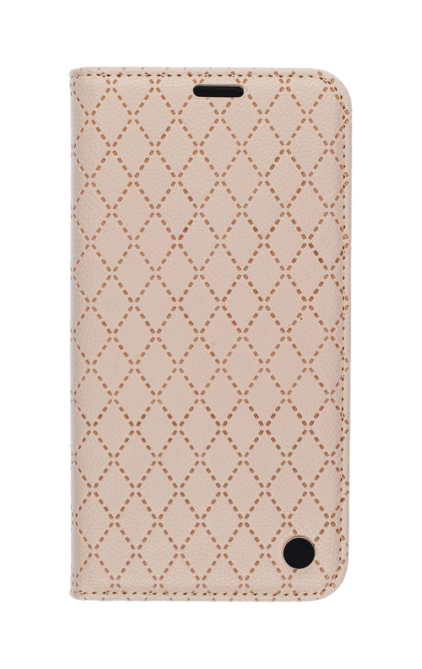 Ein beige Handyhülle mit Rautenmuster und einer einzelnen Kameraaussparung in der unteren Ecke.
