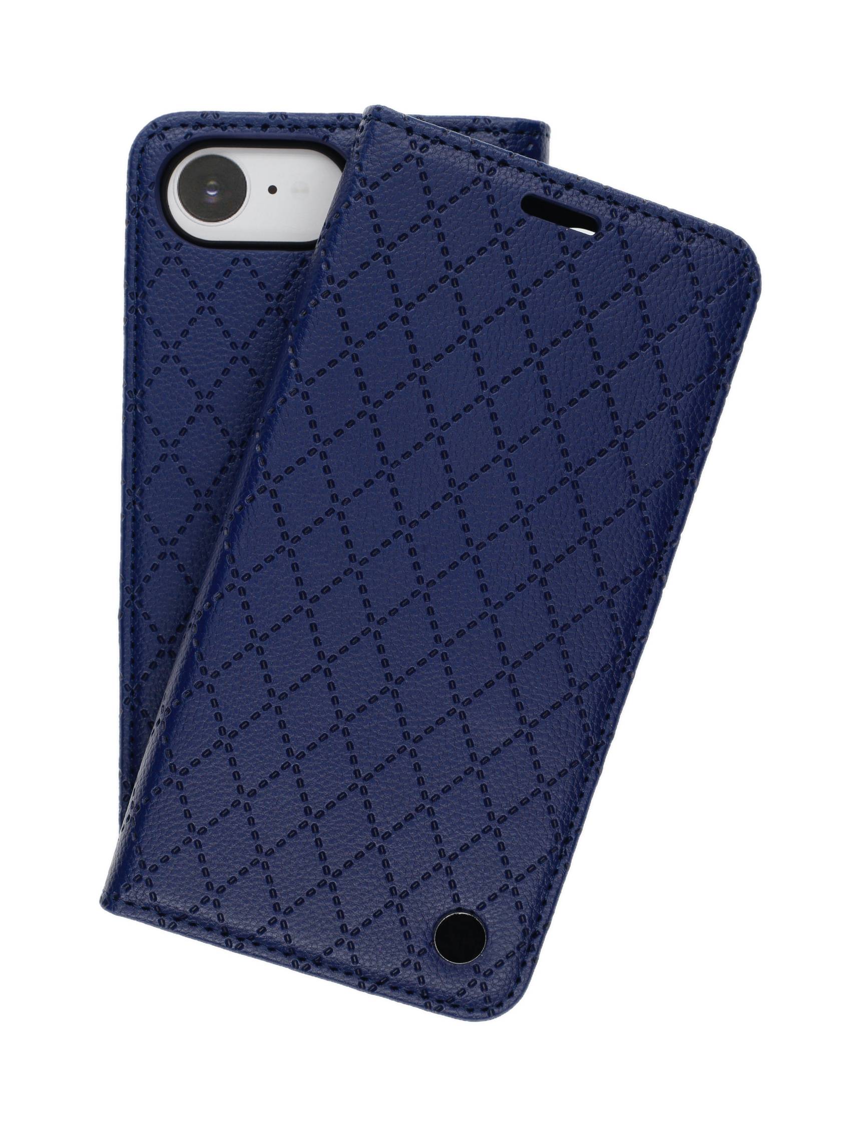 Blaues Leder-Handyhülle mit gestepptem Muster, eine Klappe offen und gibt Blick auf die Handykamera und den Blitz frei.