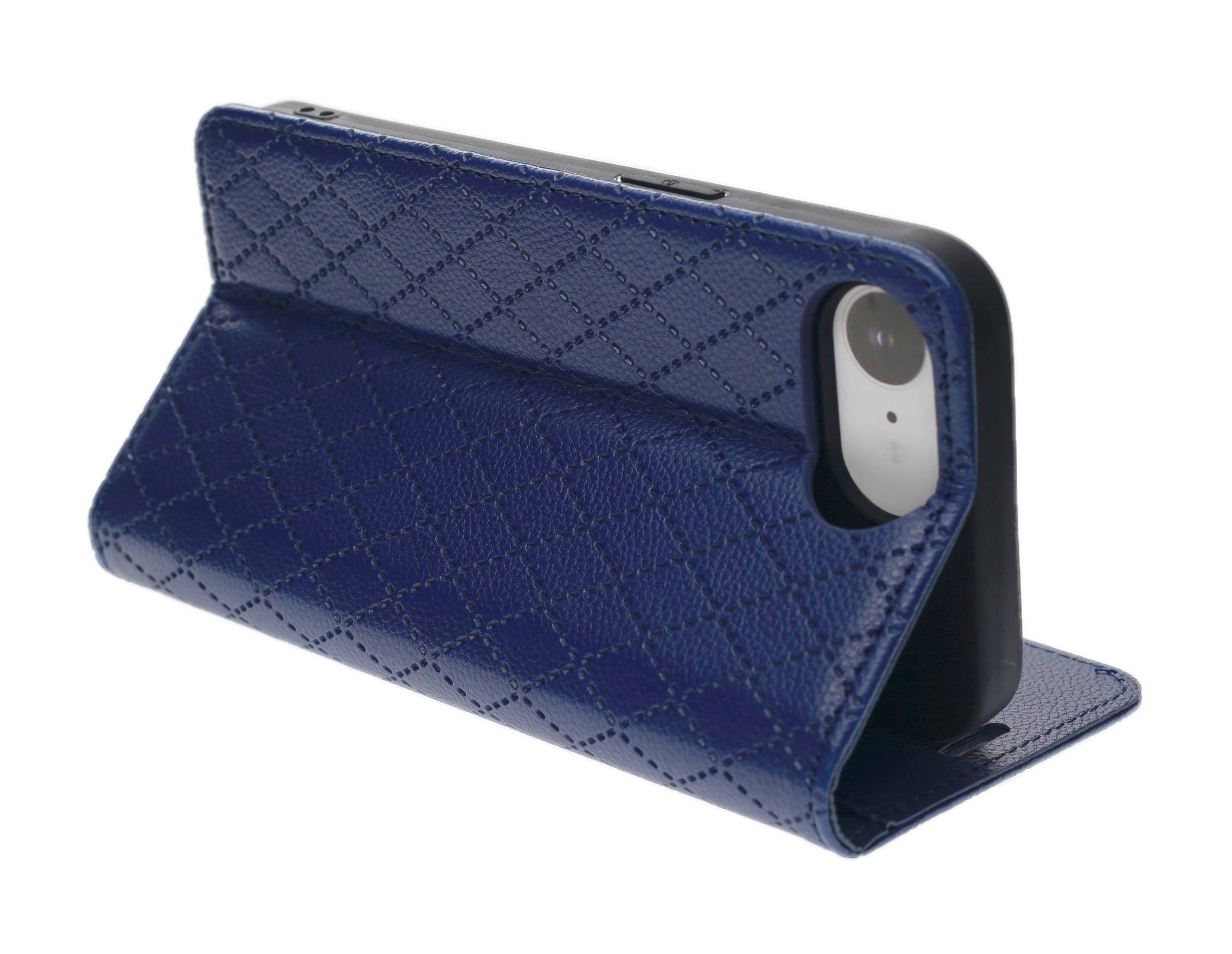Blaue Ledertelefonhülle mit gestepptem Muster, entworfen um ein Smartphone zu halten, dargestellt in aufrechter Position zum freihändigen Betrachten.