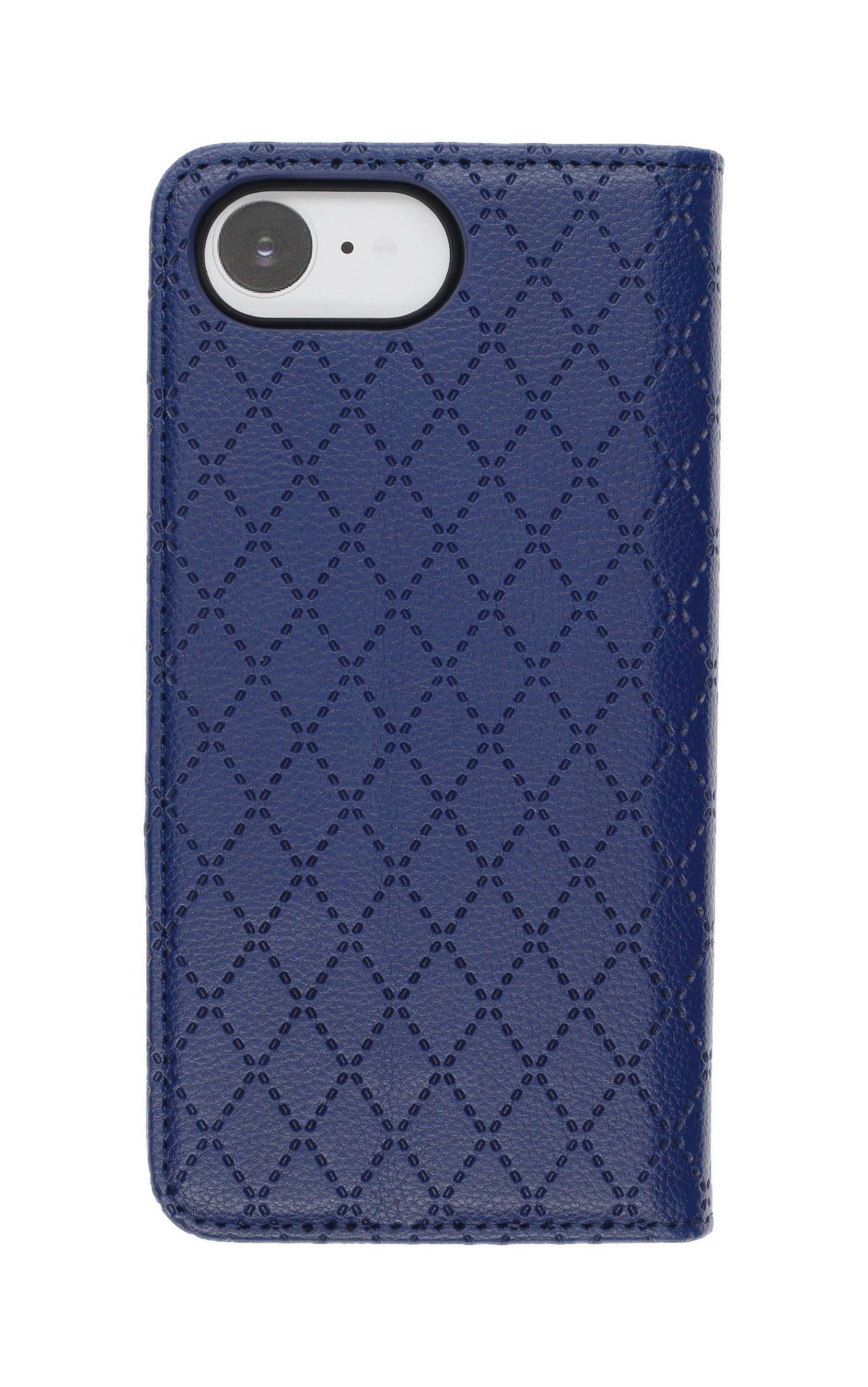 Ein Smartphone in einer blauen strukturierten Hülle mit einem Rautenmuster ist teilweise gegen einen weißen Hintergrund sichtbar.