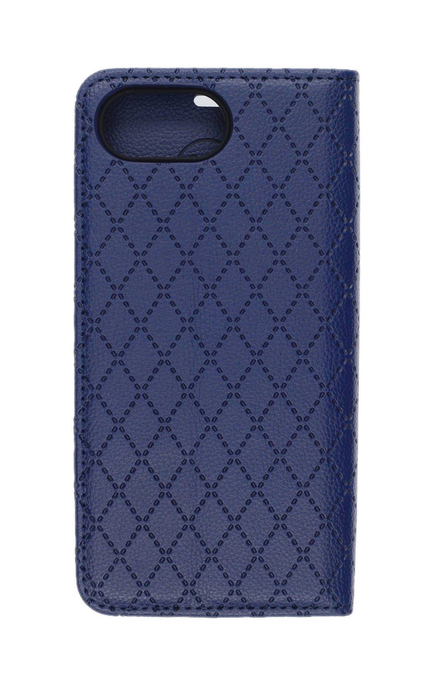 Ein blaues Smartphone-Schutzhülle mit einer Diamantmuster-Textur und einem Kameraausschnitt oben.