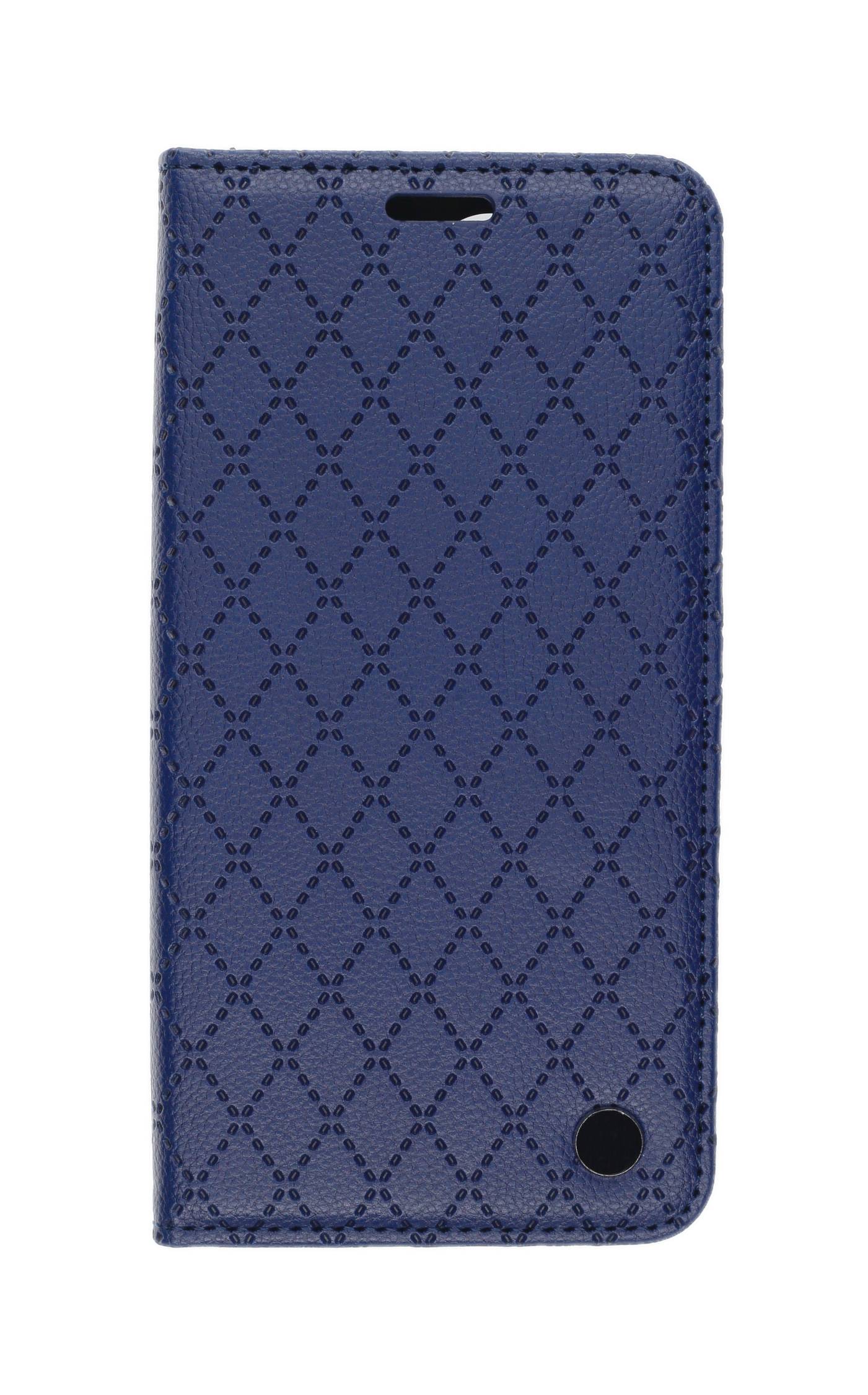 Ein blauer, gesteppter Handyhülle mit Rautenmuster und einem kleinen dekorativen Knopfdetail am unteren Ende.