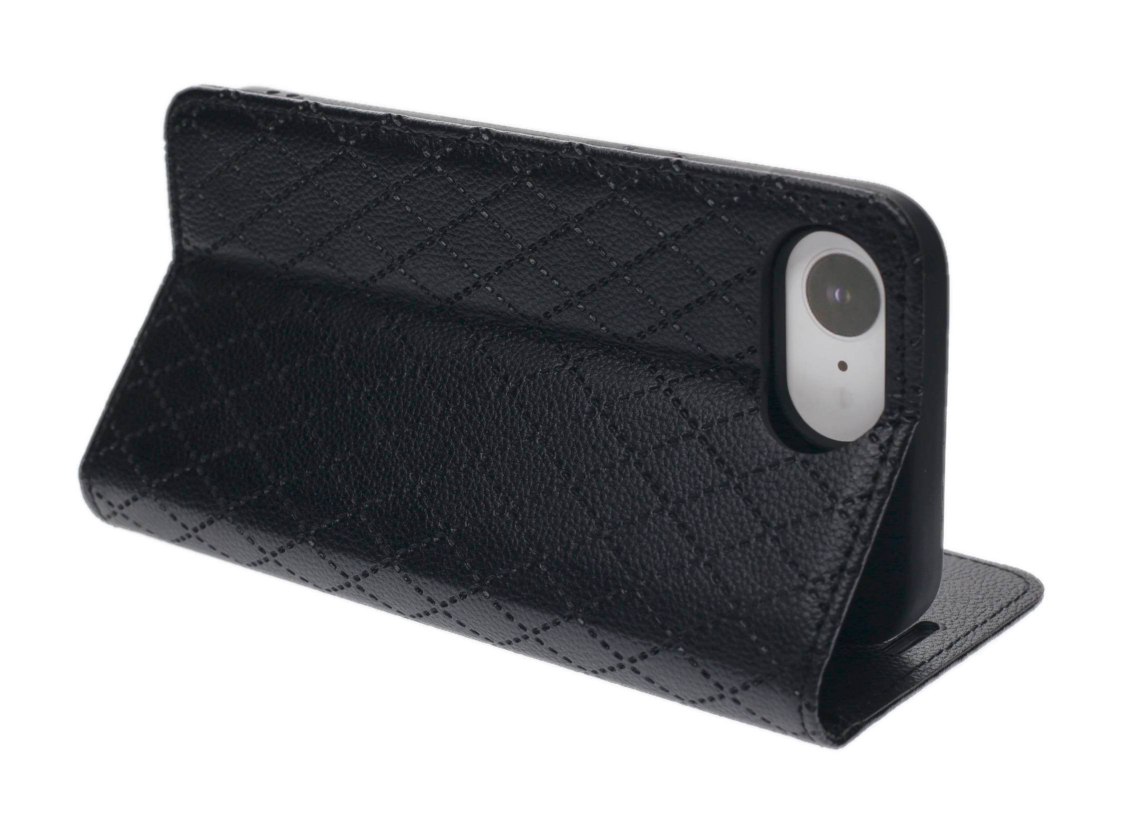 Ein schwarzes Smartphone-Etui mit einer strukturierten, diamantgesteppten Musterung, teilweise geöffnet, das die Rückseite eines Telefons mit einer Kamera zeigt.