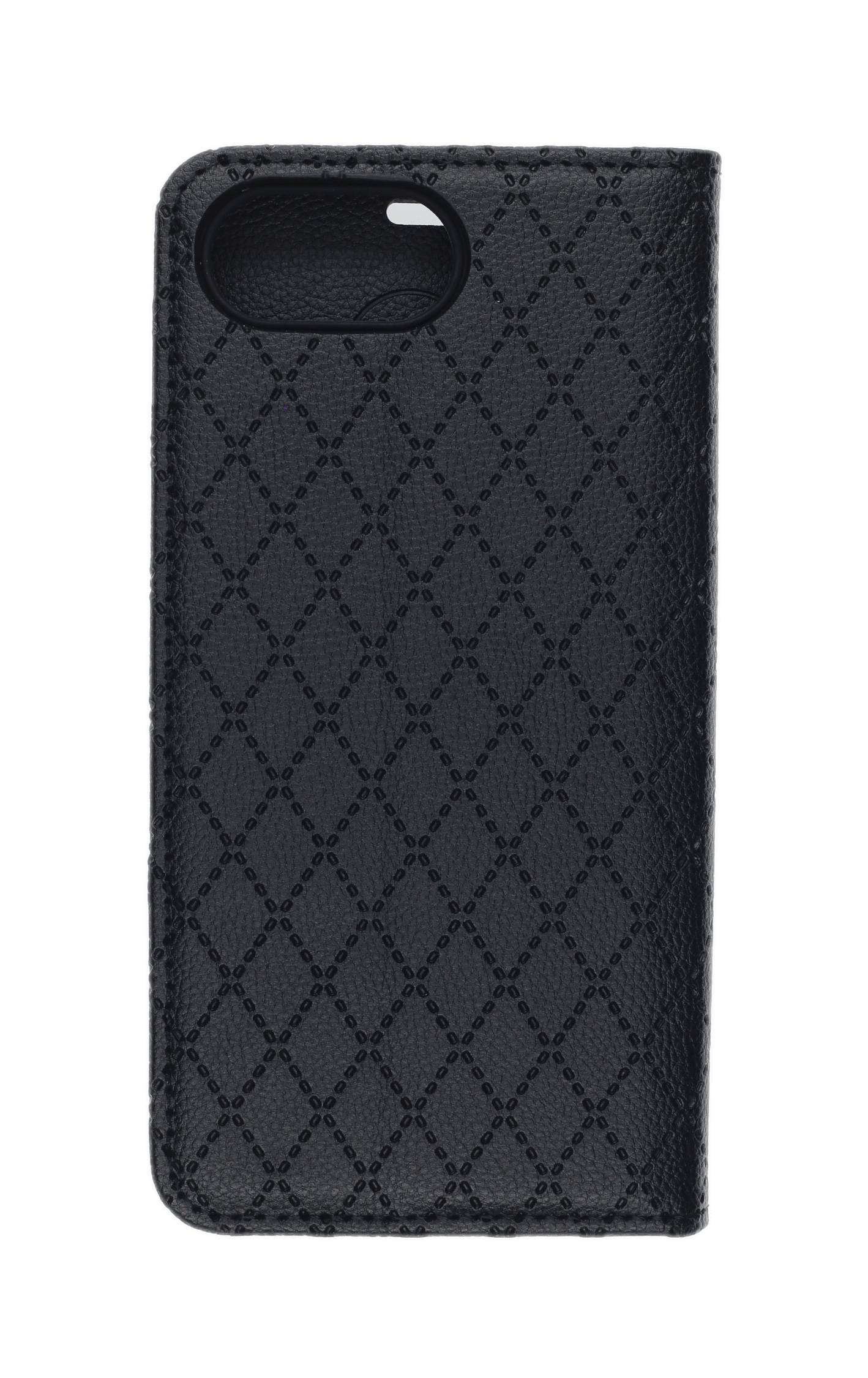 Schwarze Handyhülle aus Leder mit einer Diamantmuster-Textur.