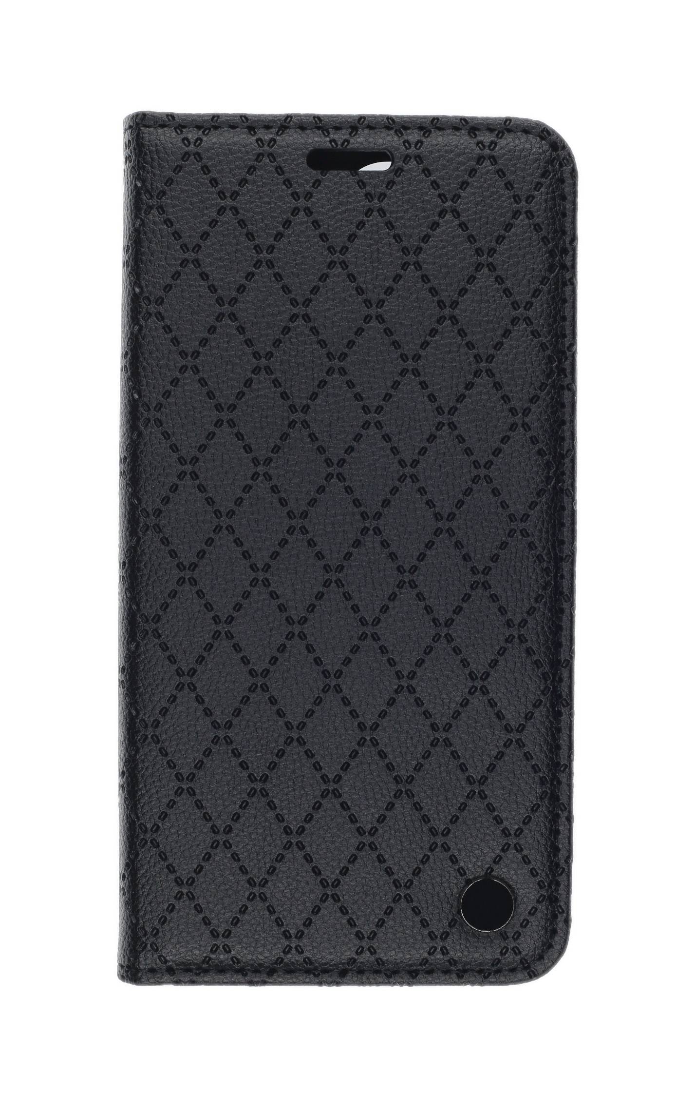 Ein schwarzes, strukturiertes Handyhülle mit einem Diamantmuster-Design, das die Rückseite eines Telefons abdeckt.