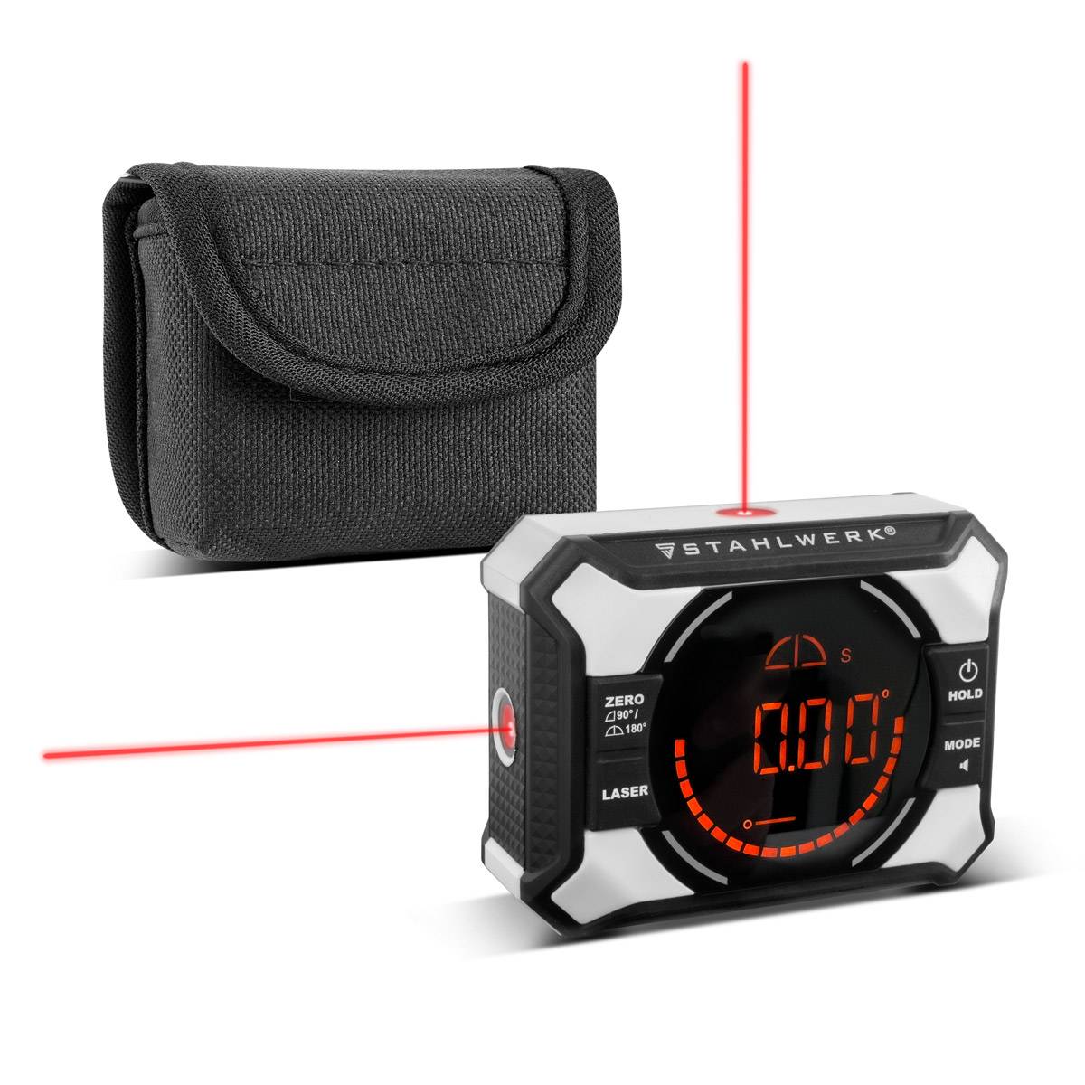 Digitaler Winkelmesser mit Laser, zeigt '0,0°' auf einem digitalen Display, neben einem schwarzen Trageetui.