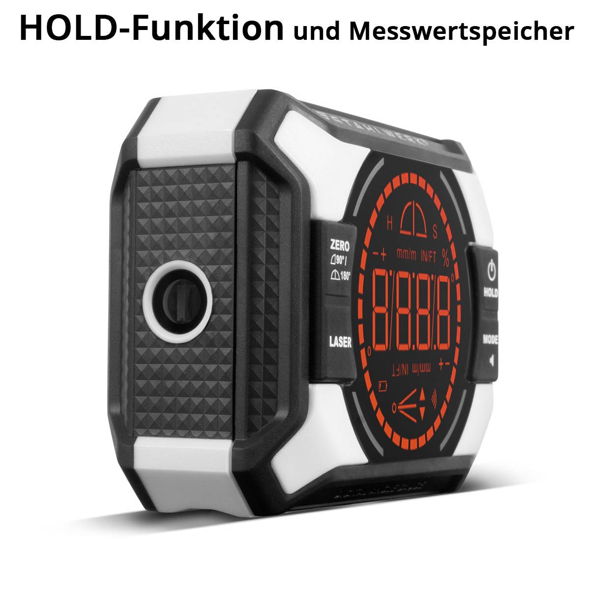 Ein digitales Messinstrument mit beleuchteter Anzeige, die numerische Daten anzeigt. Der Text oben lautet „HOLD-Funktion und Messwertspeicher