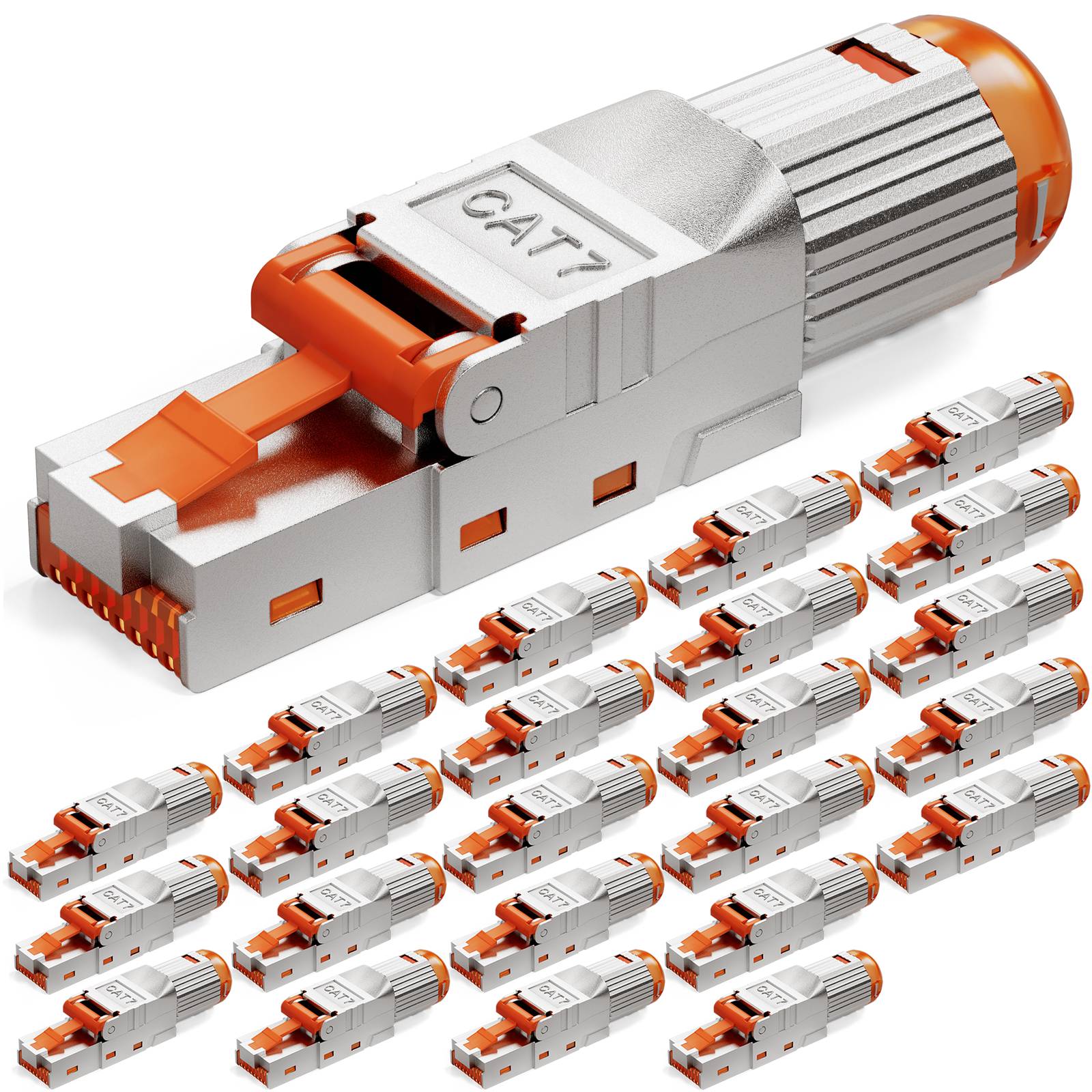 Cat7-Ethernet-Kabelstecker, dargestellt in einem Set mit mehreren identischen Teilen, wobei das detaillierte Design und die Eigenschaften hervorgehoben werden.