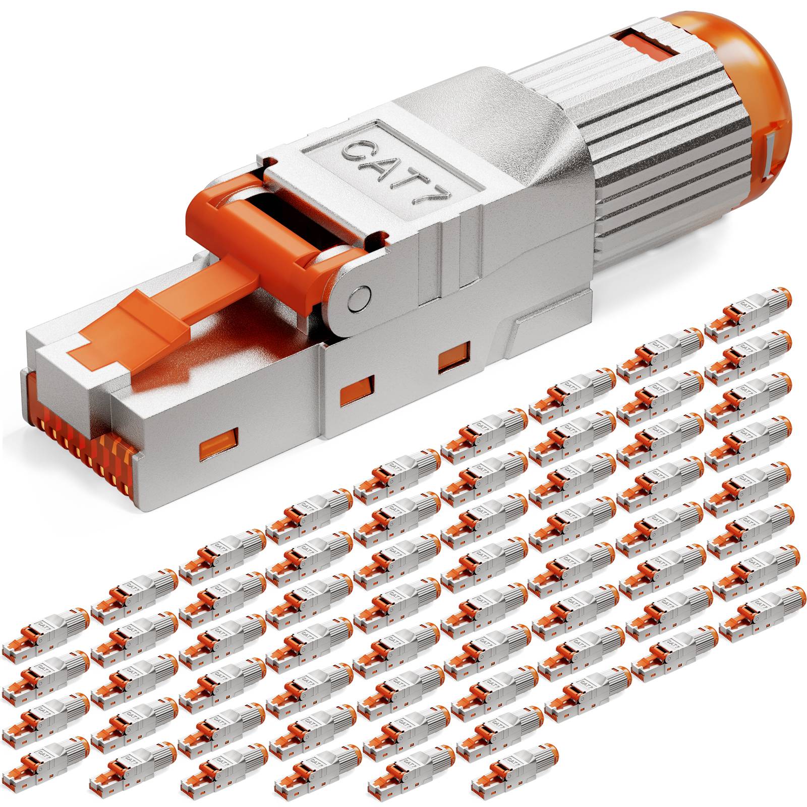 Ein CAT7-RJ45-Netzwerkstecker mit orangefarbenen Akzenten wird prominent über einem Gitter mit kleineren identischen Steckern angezeigt.
