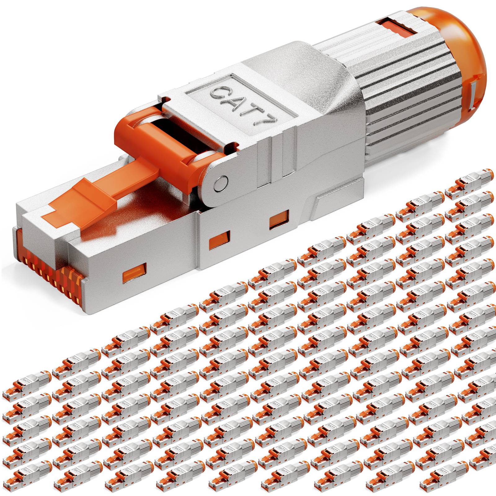 „CAT7-Steckerverbinder mit einer orangefarbenen Verriegelung wird prominent angezeigt, gefolgt von einem Raster kleinerer identischer Steckerverbinder, aus perspektivischer Ansicht dargestellt.
