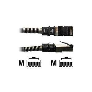 Zwei abgeschirmte Netzwerkkabel mit sichtbaren RJ45-Steckern, die jeweils mit „M