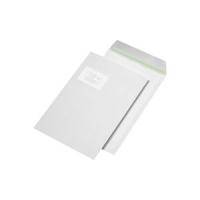 Ein weißer Umschlag mit Haftklebestreifen, der teilweise offen ist und sein Inneres zeigt.