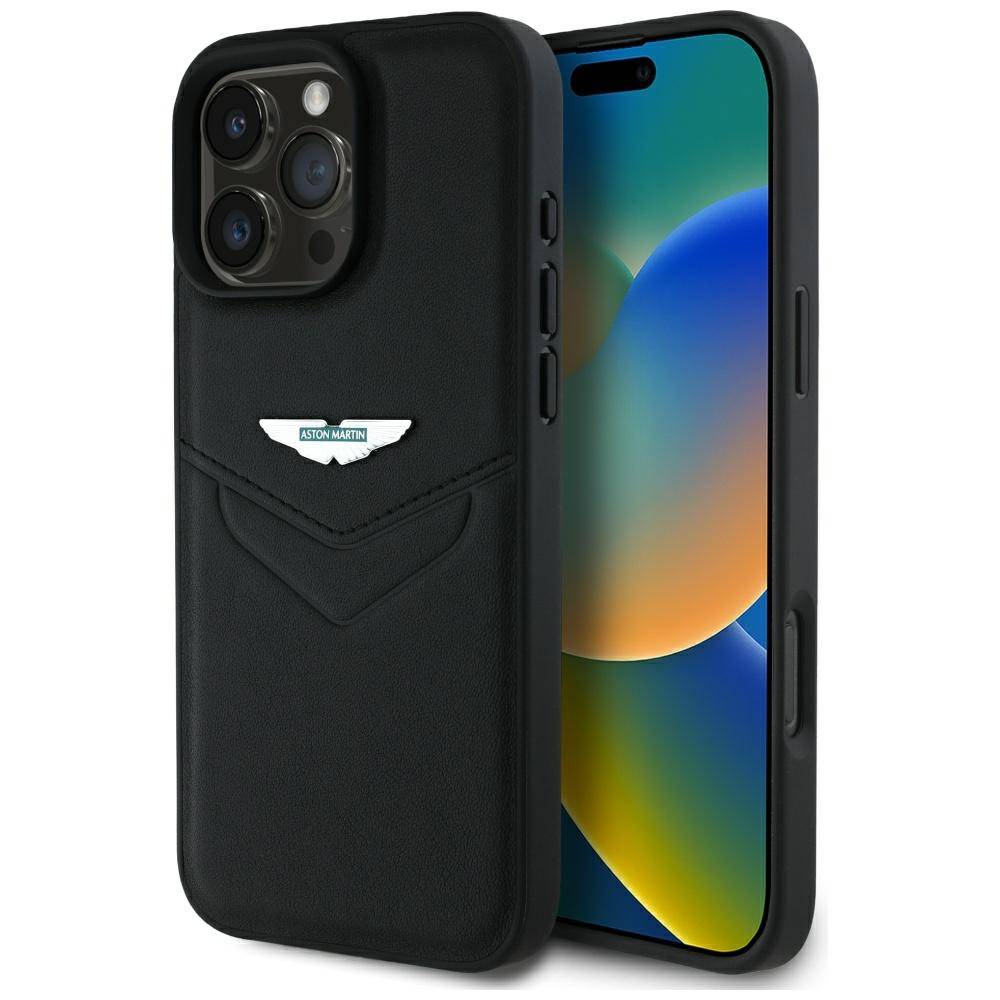 Smartphone mit einem schwarzen, mit dem Aston-Martin-Logo versehenen Gehäuse, das einen lebendigen Startbildschirm mit abstraktem Design zeigt.