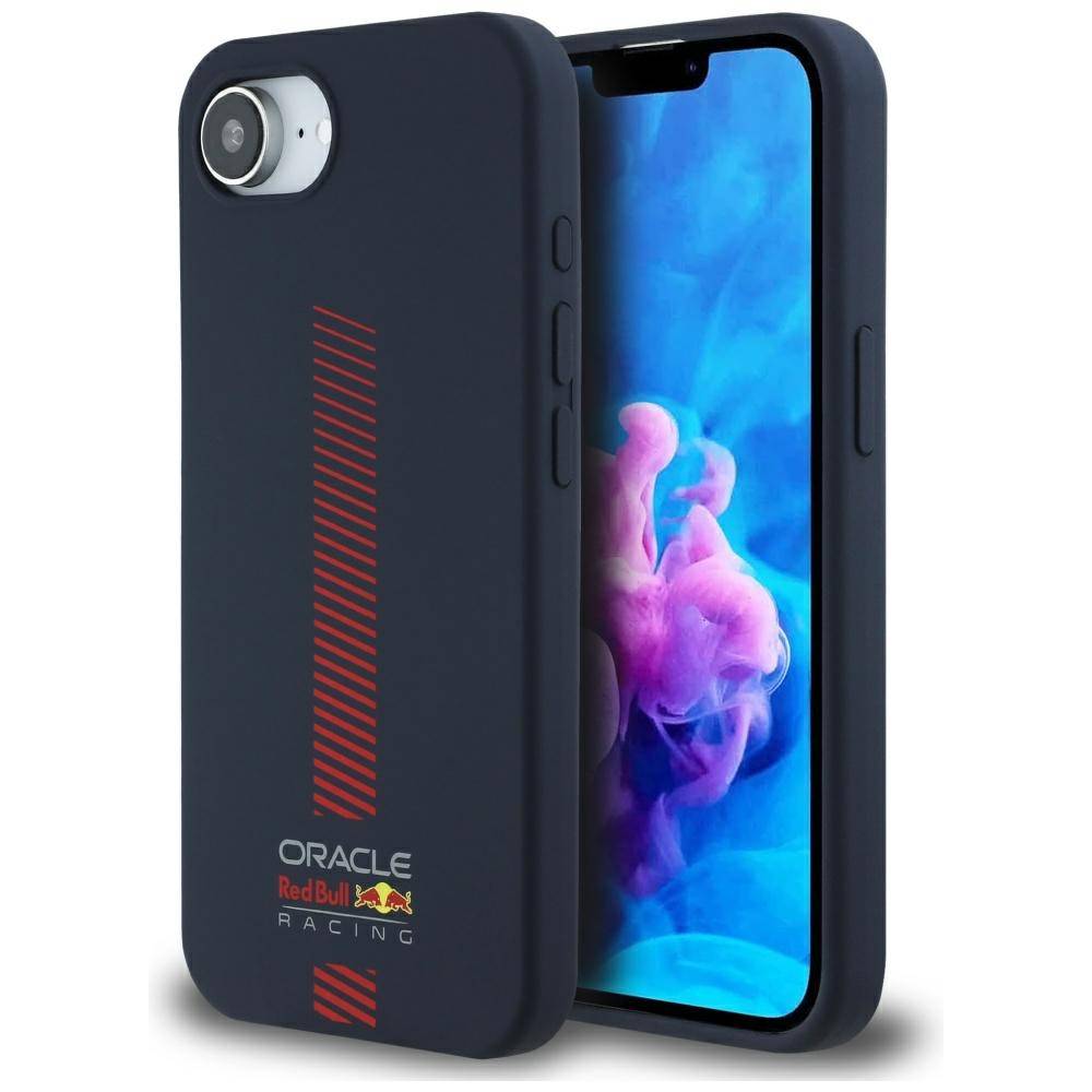 Ein Smartphone mit einer abstrakten blaurosafarbenen Tapete, teilweise in einem schwarzen Etui mit rotem Streifen und dem Logo 