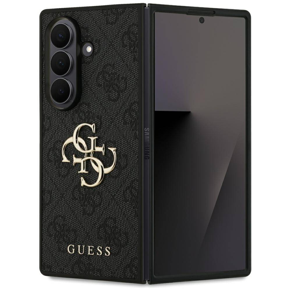 Ein schwarzes, strukturiertes Smartphone-Etui mit goldenem „GUESS