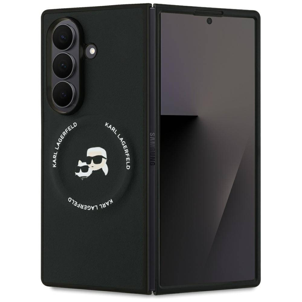 Schwarze Smartphone-Hülle mit kreisförmigem Design, das den Text „Karl Lagerfeld