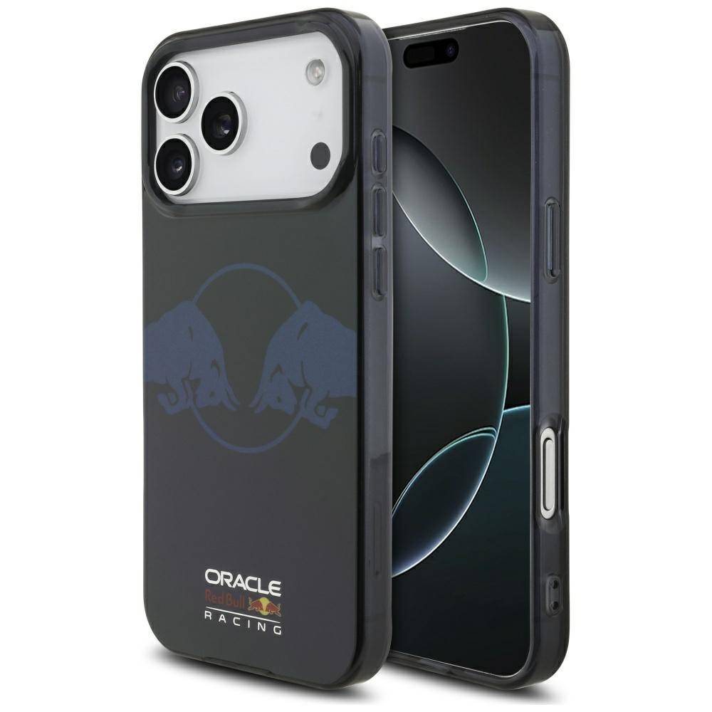 Handyhülle mit 'Oracle Racing'-Logo in Schwarz, mit zwei stilisierten Stieren, die sich gegenseitig anschauen. Die Hülle wird auf einem Telefon mit dunklem Hintergrundbild gezeigt.