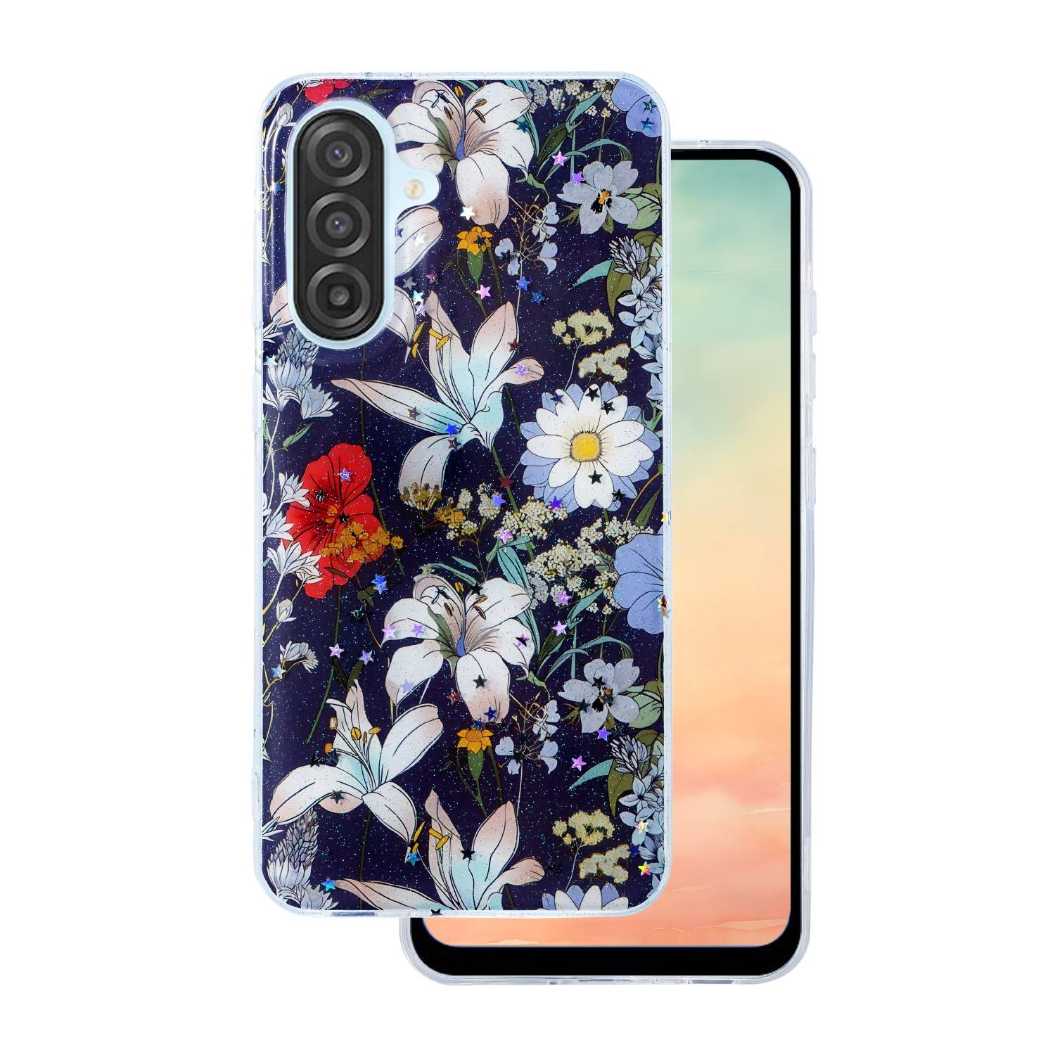 Ein Smartphone mit einer farbenfrohen Hülle im Blumenmuster, die verschiedene Blumen wie Lilien und Gänseblümchen zeigt. Der Bildschirm zeigt einen Farbverlauf im Hintergrund.