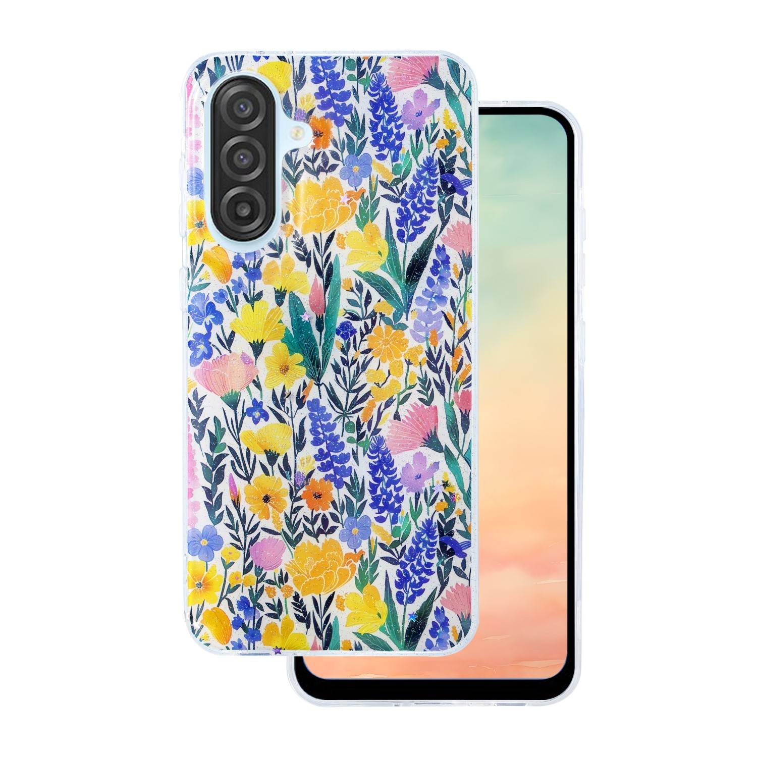Ein Smartphone mit einer Schutzhülle mit Blumenmuster, das bunte Blumen in Gelb, Lila und Blau zeigt. Der Bildschirm des Telefons zeigt einen Farbverlaufshintergrund.