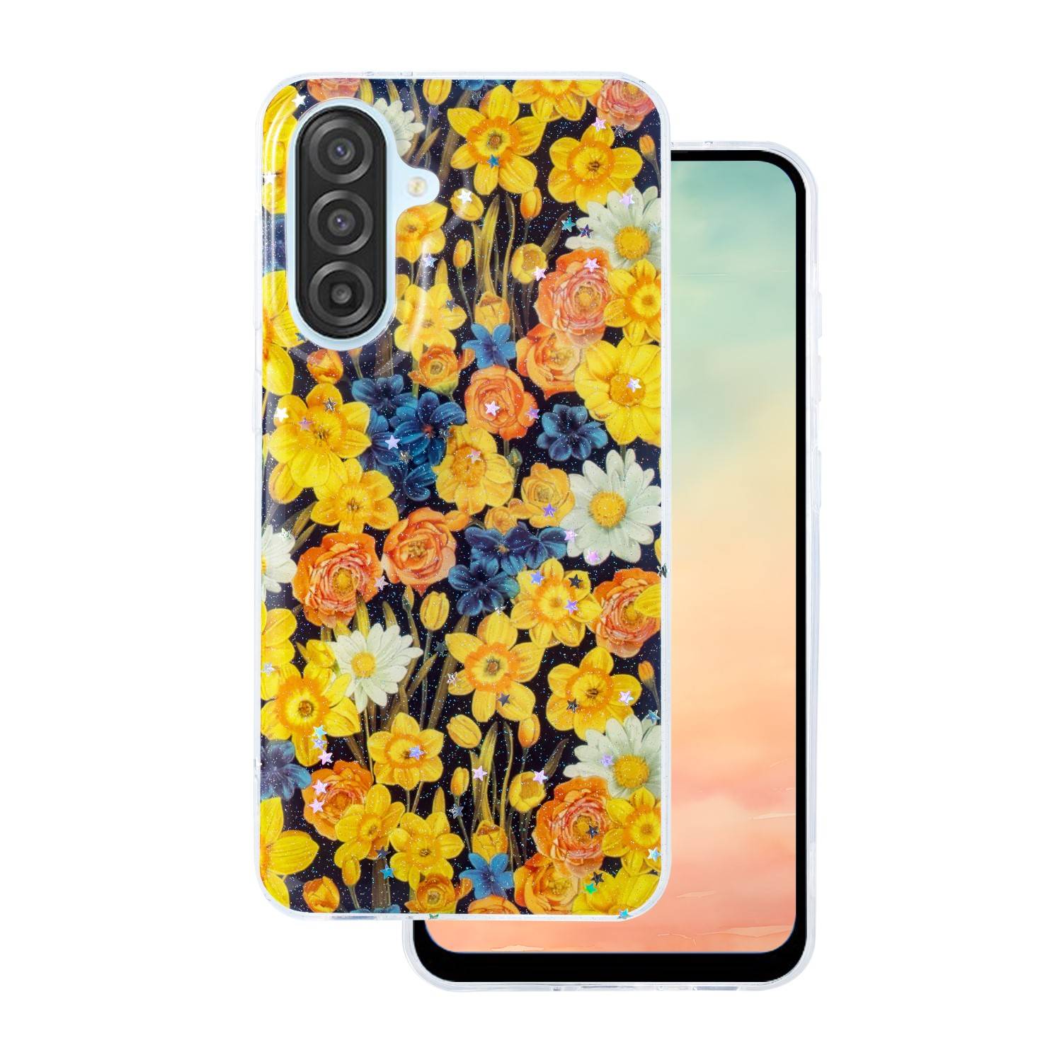 Smartphone mit einer Schutzhülle, die ein lebendiges Blumenmuster mit gelben, orangefarbenen und blauen Blüten auf dunklem Hintergrund zeigt. Der Bildschirm zeigt einen Farbverlauf mit warmen Farbtönen.