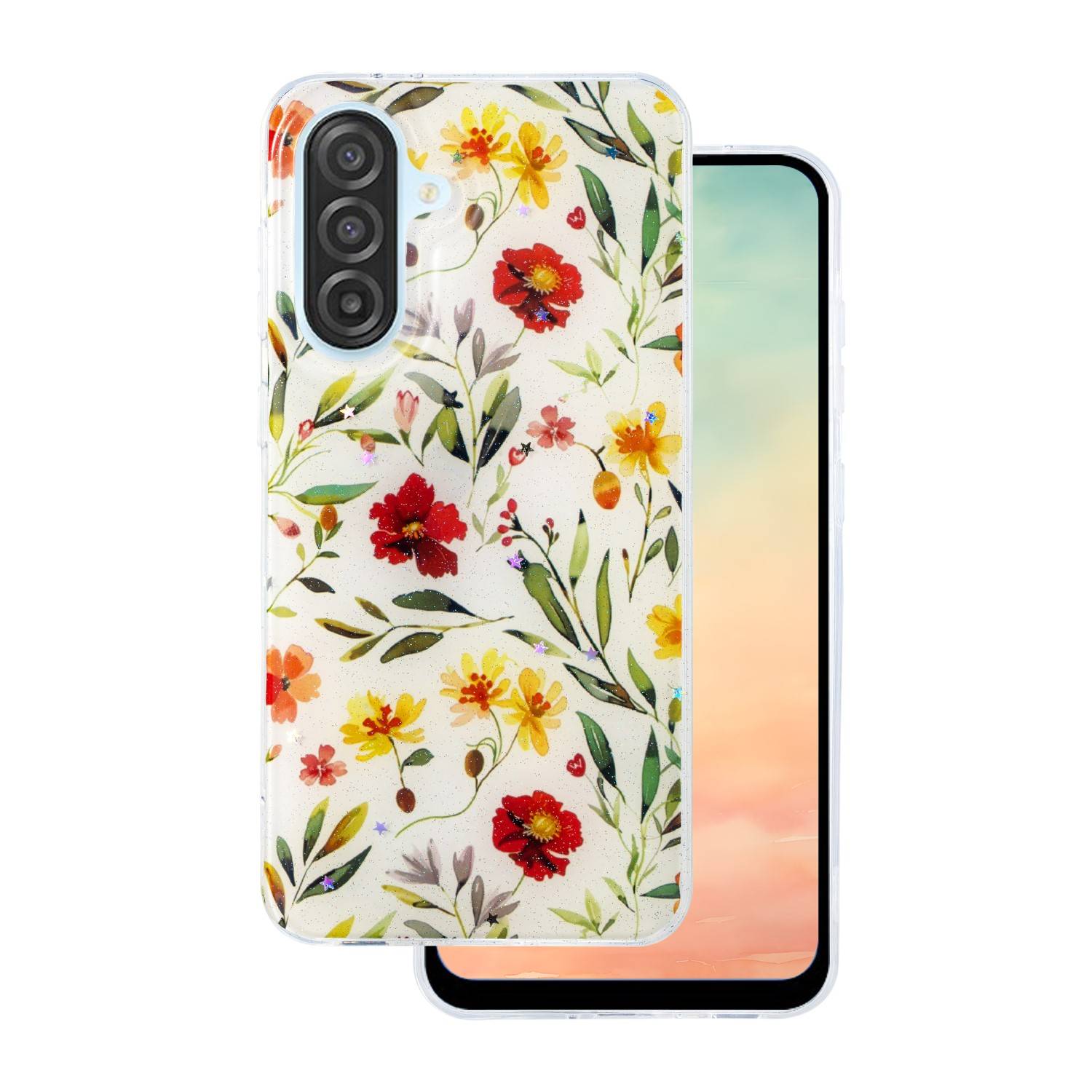Smartphone mit Schutzhülle mit Blumenmuster zeigt einen Farbverlauf auf dem Bildschirm von Pfirsich zu Blau.